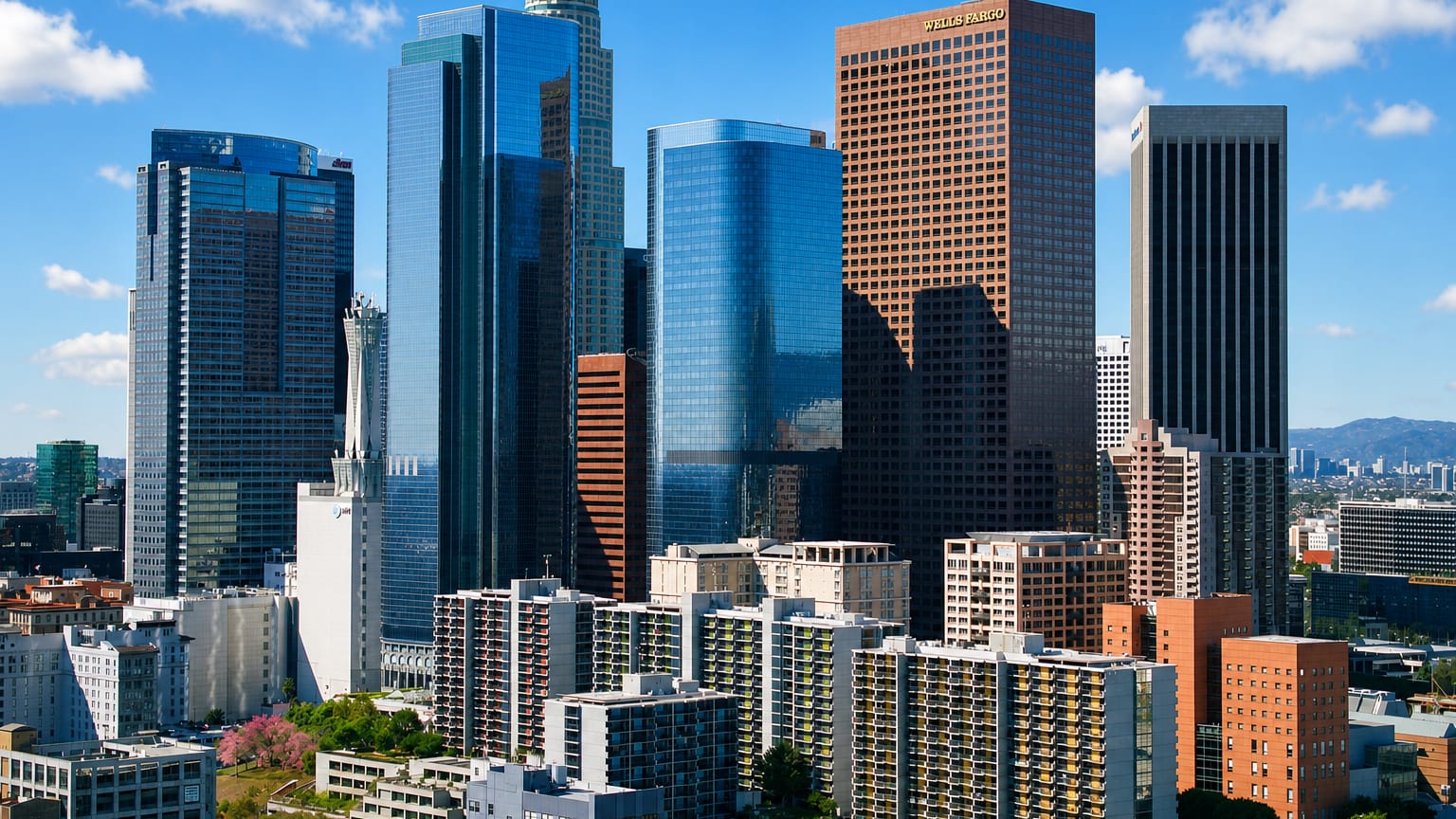 Downtown Los Angeles high-rise cluster with the US Bank and Wells Fargo towers on a sunny day.