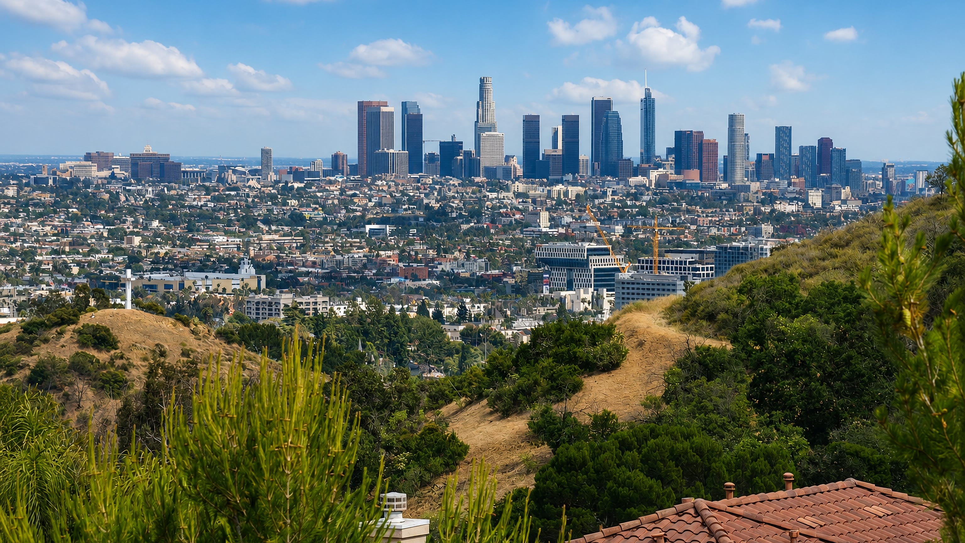View from the Hollywood Hills over rooftops toward the Downtown Los Angeles skyline