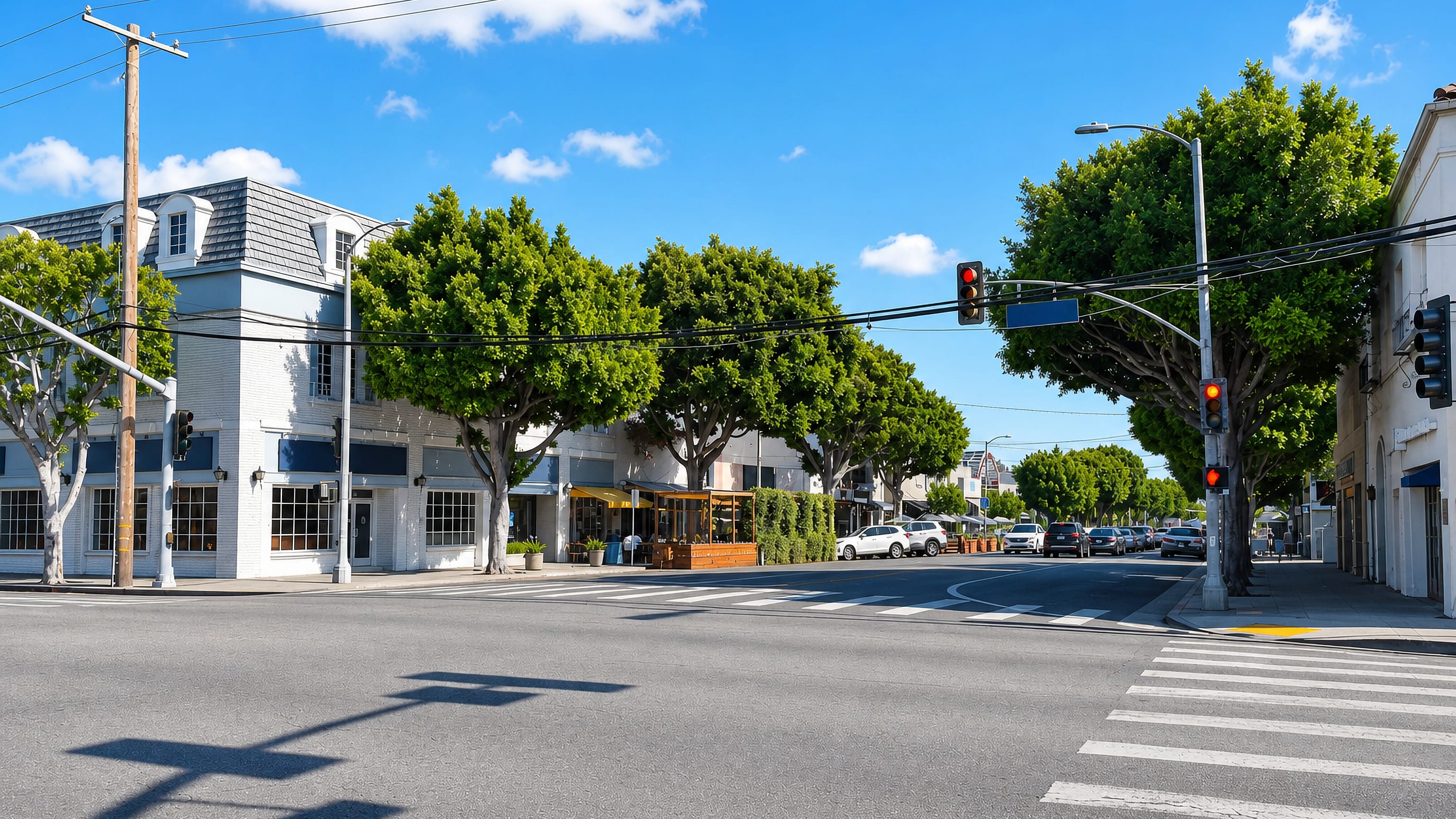 Larchmont Boulevard in Los Angeles, a low-rise shopfront street shaded by broad ficus trees on a clear day.
