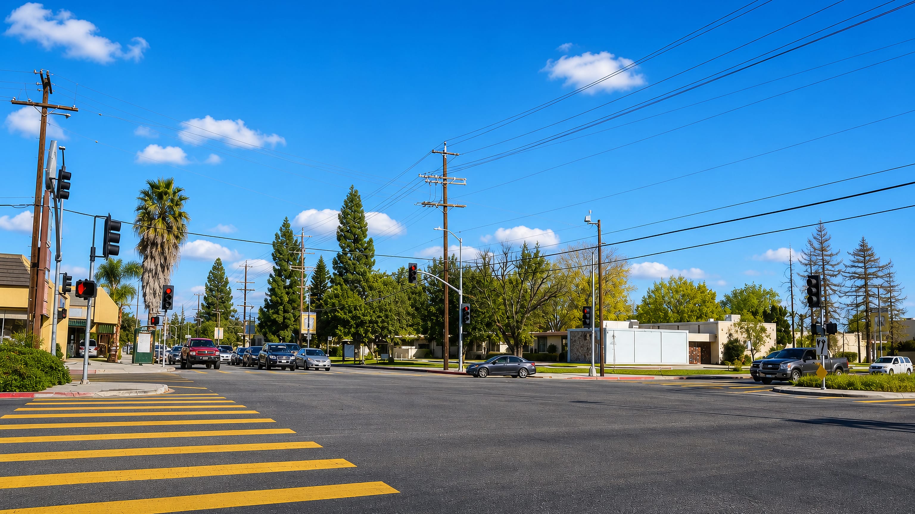 Wide suburban intersection with palms, overhead wires and low storefronts in North Hills, Los Angeles.