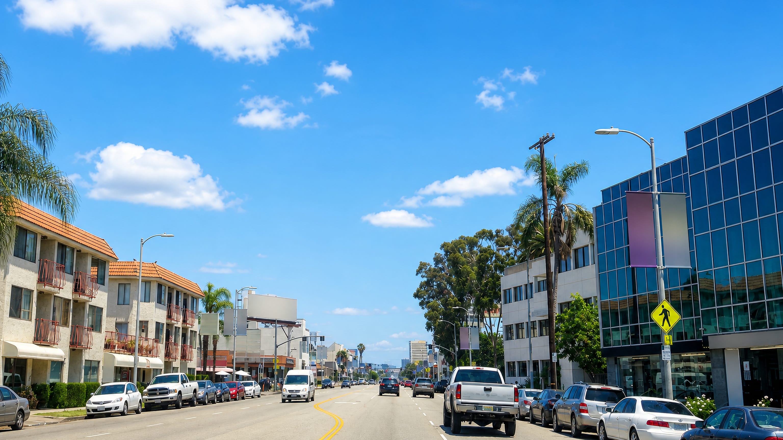 A palm-lined boulevard with low-rise apartments and glass offices in Sawtelle, Los Angeles.