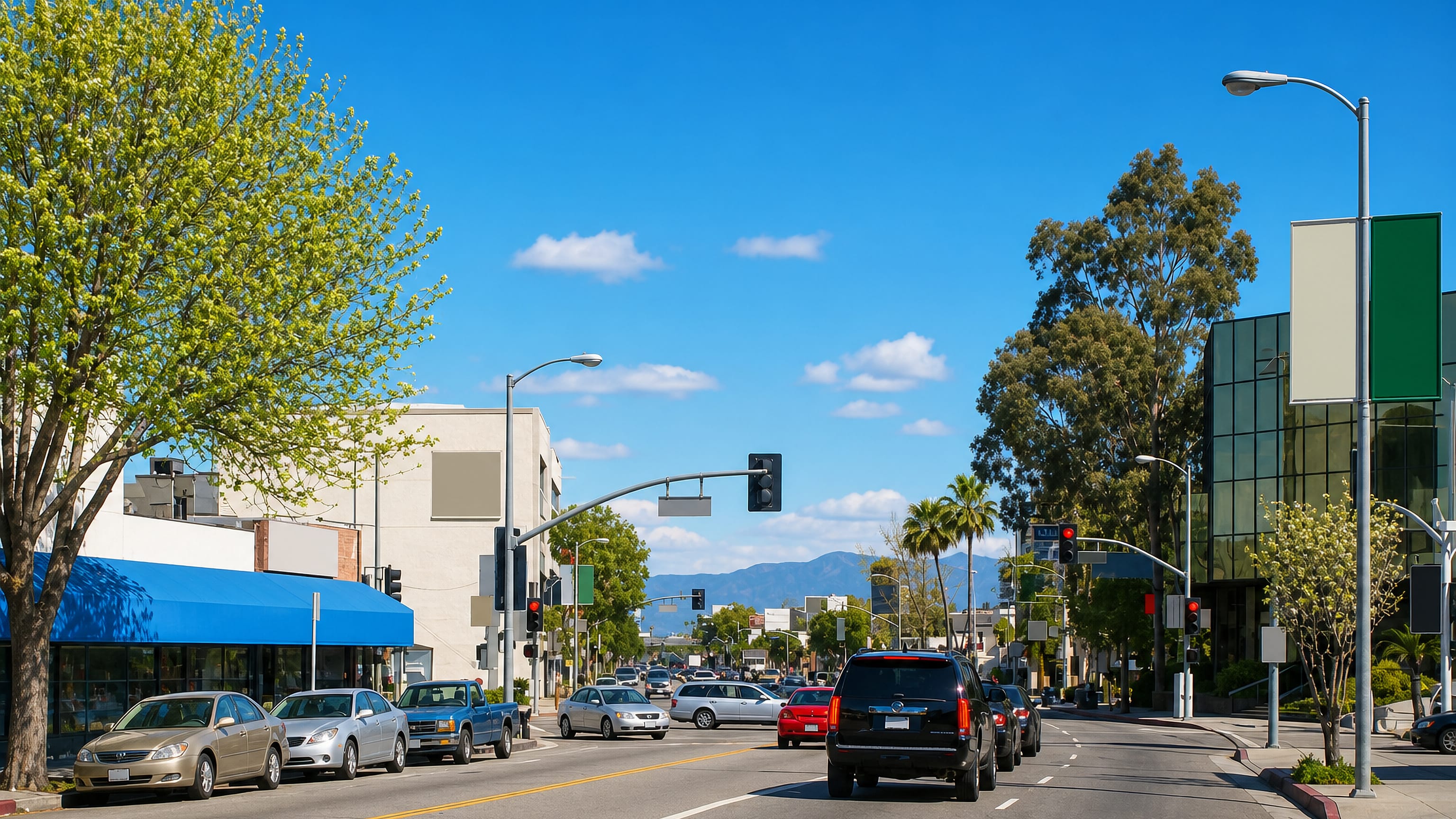 Traffic on a wide palm-lined boulevard in Sherman Oaks, Los Angeles, with low-rise storefronts and mountains beyond.