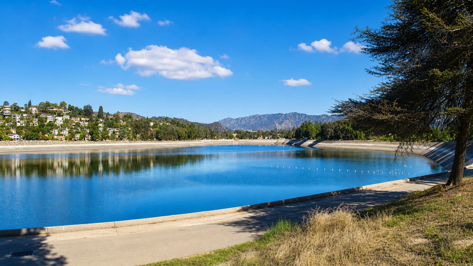 Silver Lake Reservoir with its concrete embankment, hillside homes and the San Gabriel Mountains beyond