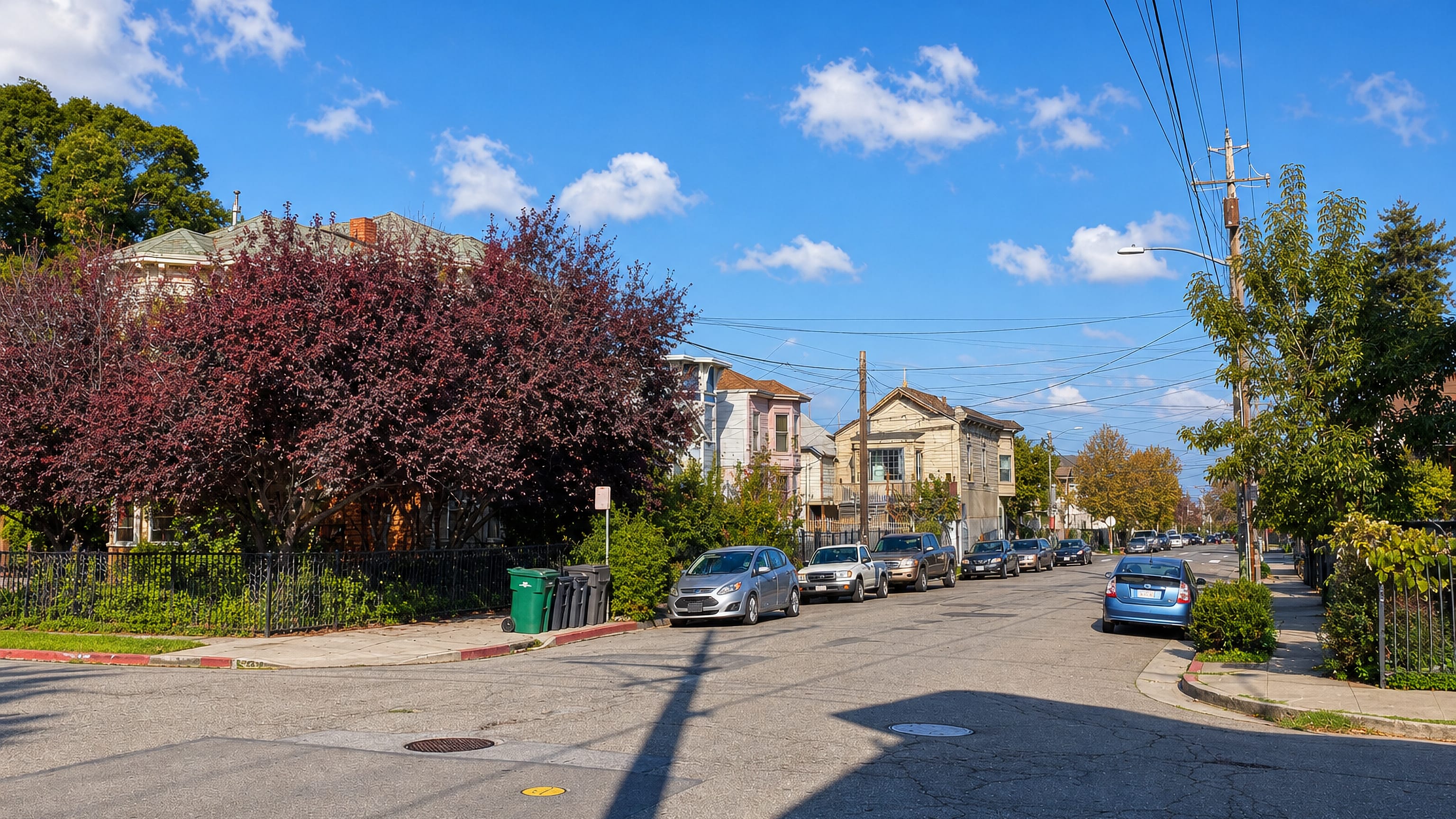 Victorian houses and parked cars along a tree-lined residential street in West Oakland, California