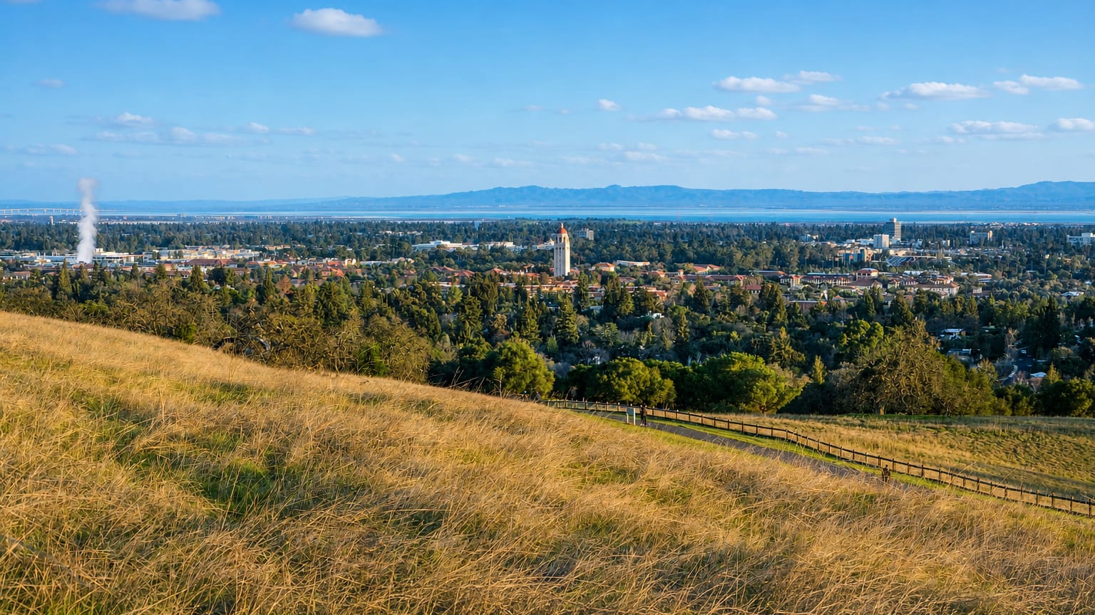 Palo Alto and Stanford's Hoover Tower viewed across golden foothills toward San Francisco Bay