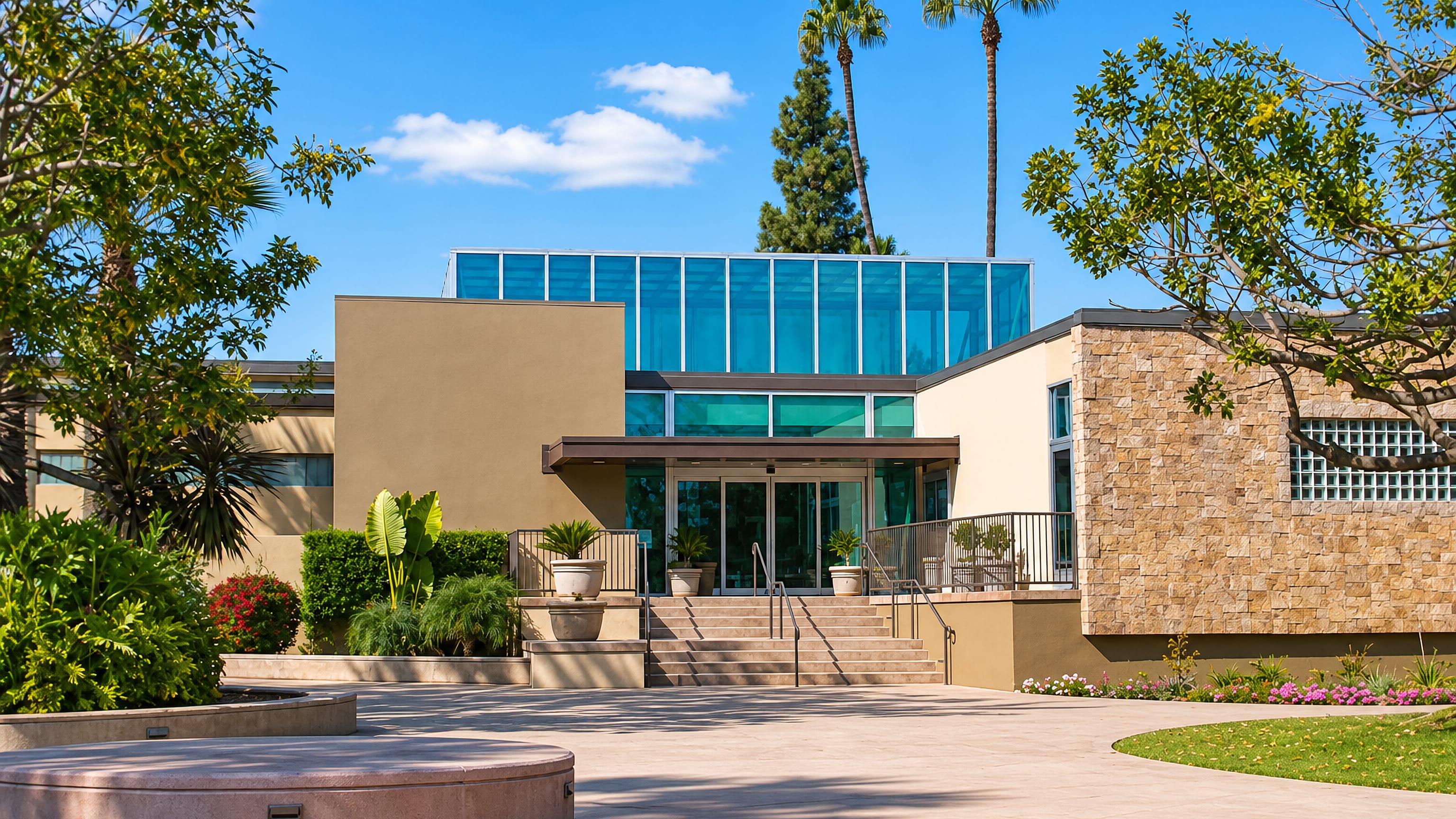 Modern glass-and-stone civic building with palms and a wide plaza in Pico Rivera, California.