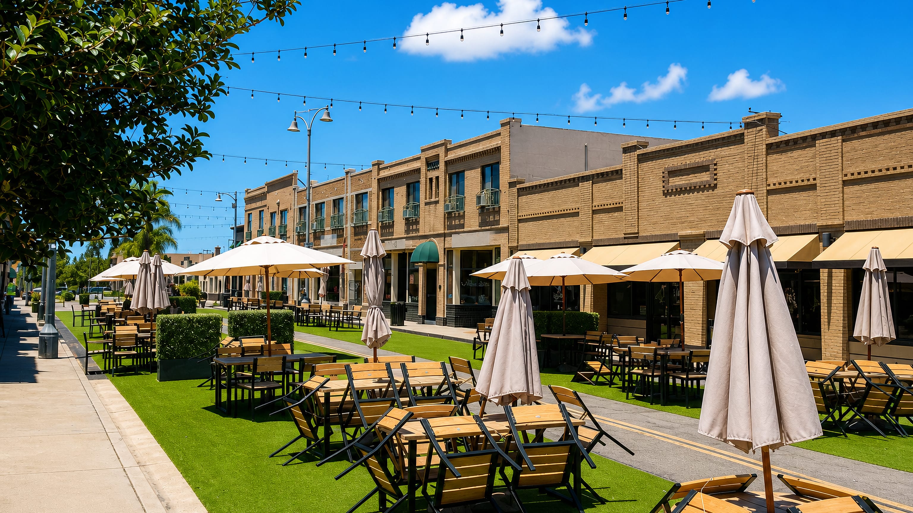 Brick storefronts and shaded outdoor dining tables along the old town main street of Placentia, California.