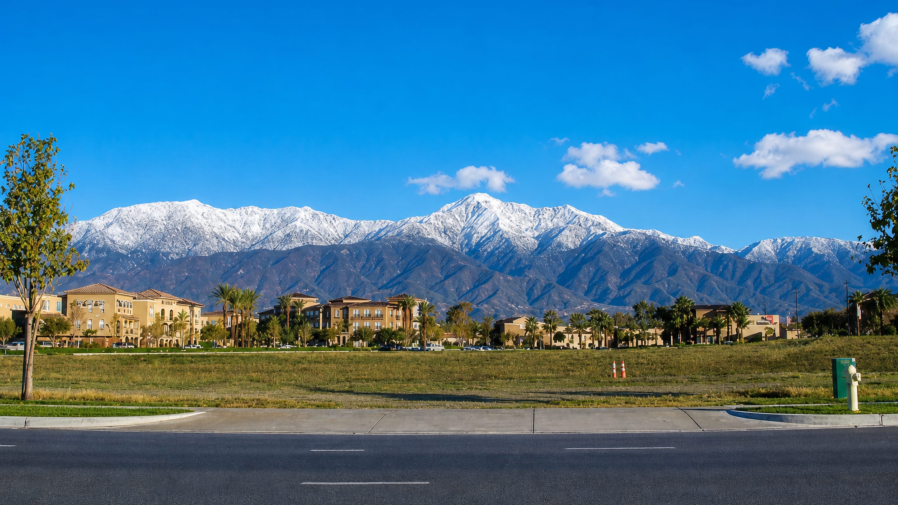 Snow-capped San Gabriel Mountains rising above palm-lined stucco housing on a wide boulevard in Rancho Cucamonga.