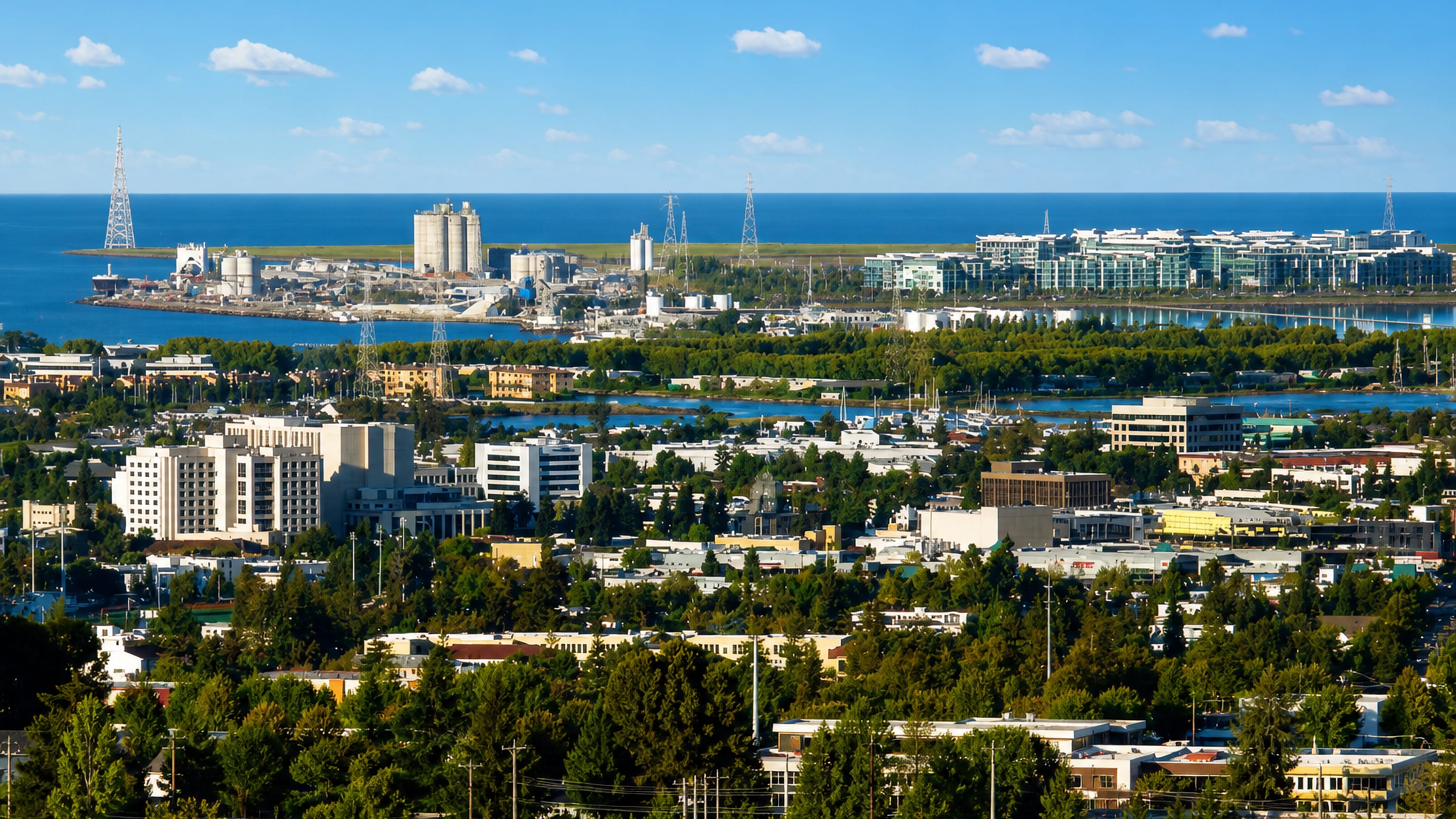 Redwood City, California, seen over its downtown to the marina, the port's cement silos and San Francisco Bay.