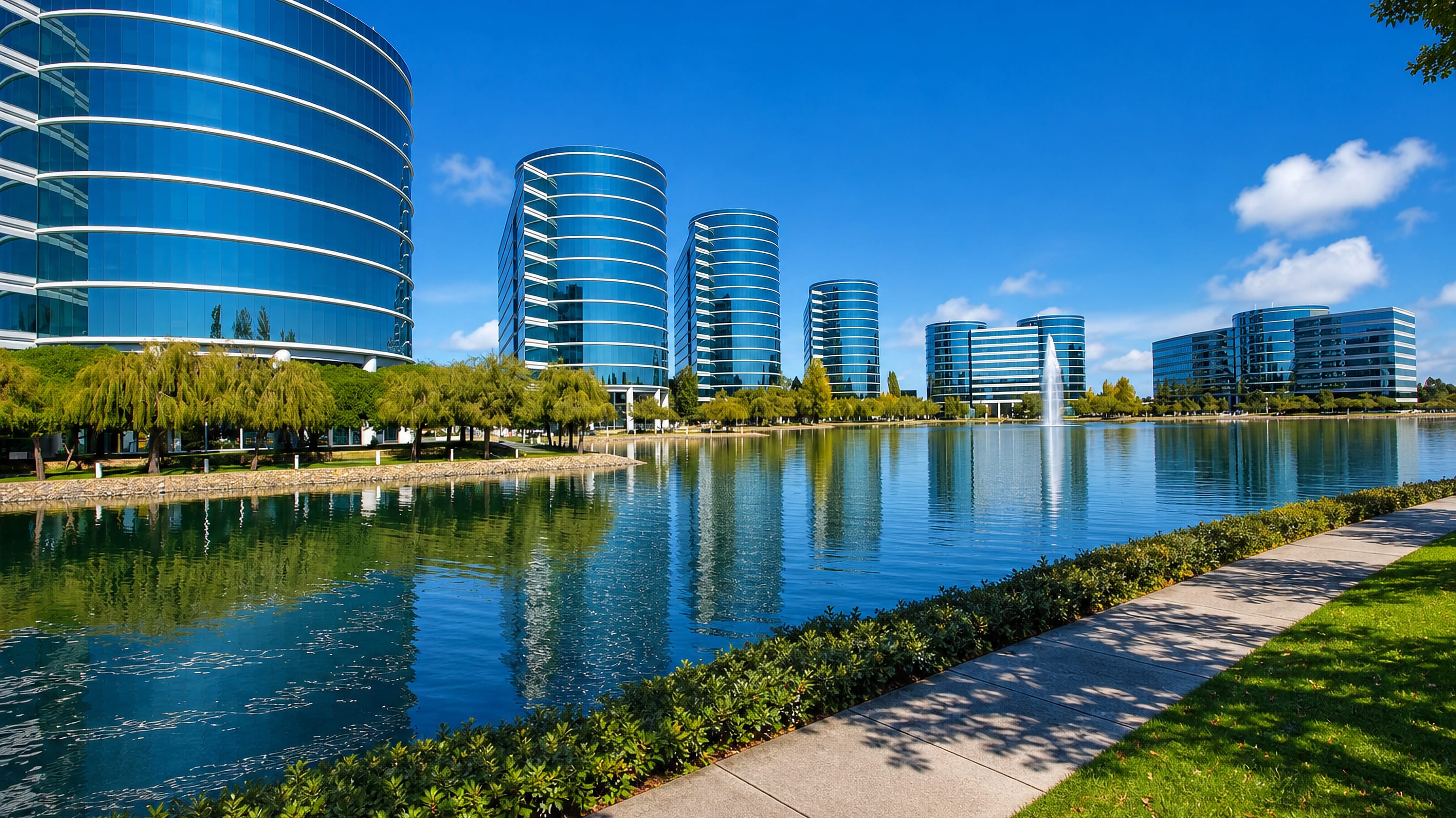 The curved glass towers of Redwood Shores, California, mirrored in the lagoon beside a landscaped path.