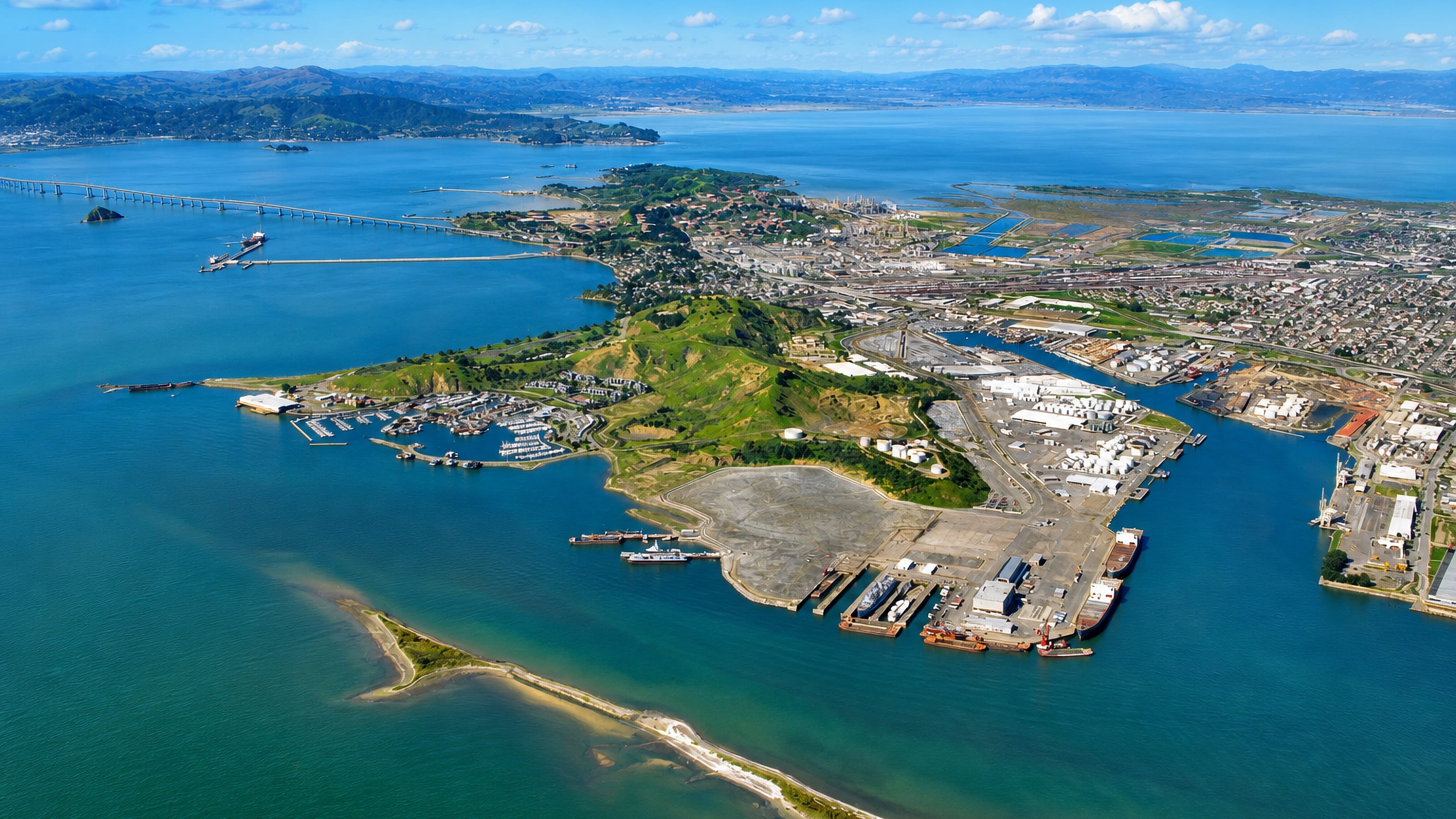 Aerial view of Richmond, California's port and marina on San Francisco Bay with the Richmond-San Rafael Bridge.