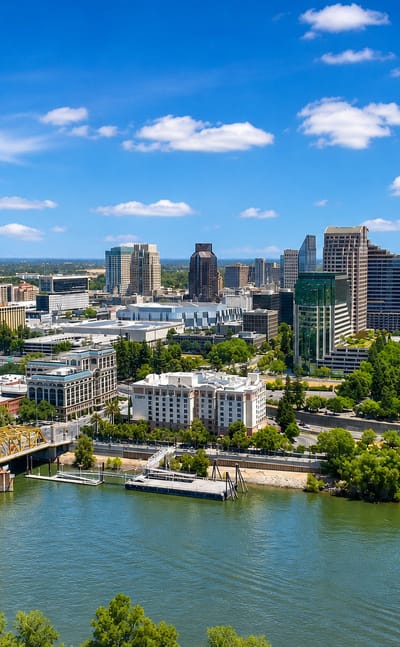 Sacramento downtown skyline with the golden Tower Bridge over the Sacramento River on a sunny day