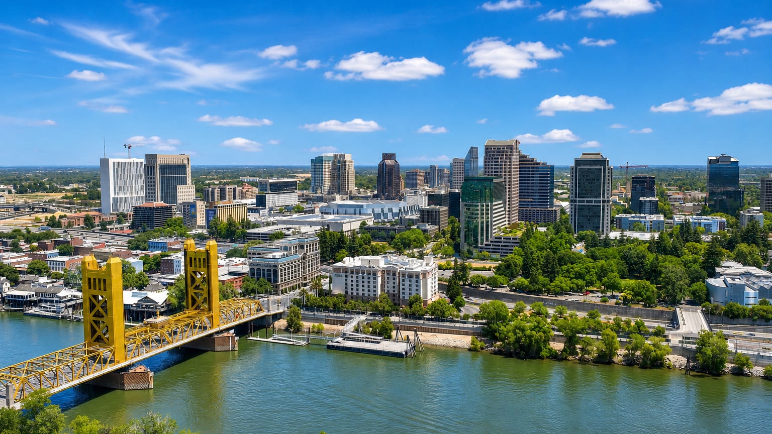 Sacramento downtown skyline with the golden Tower Bridge over the Sacramento River on a sunny day
