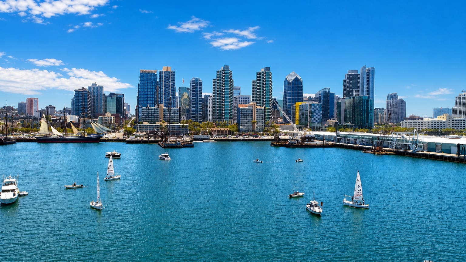 San Diego's downtown skyline across the harbor with sailboats and a tall ship on the bay.