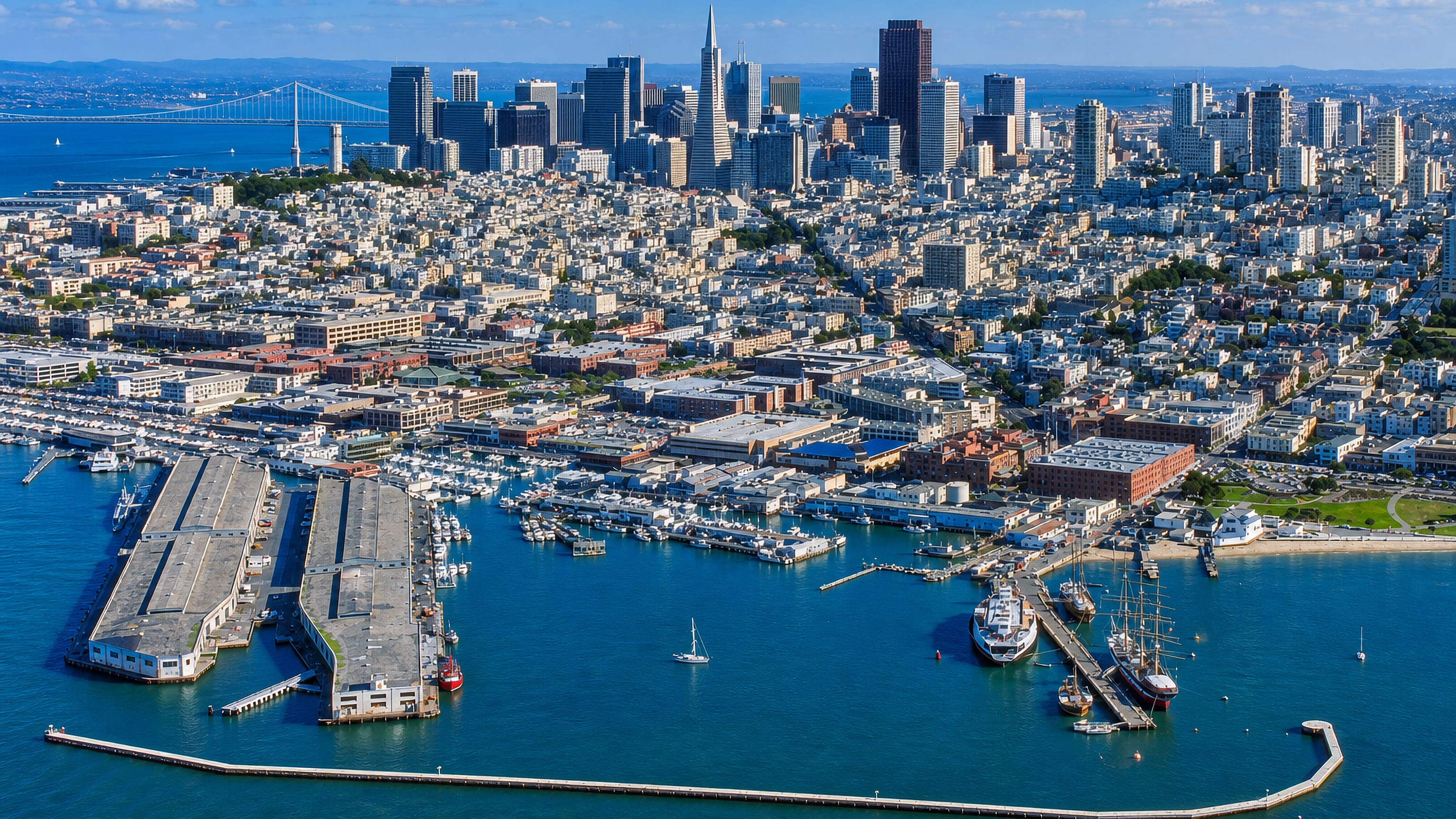 Aerial view of Fisherman's Wharf piers, Aquatic Park and the San Francisco skyline beyond