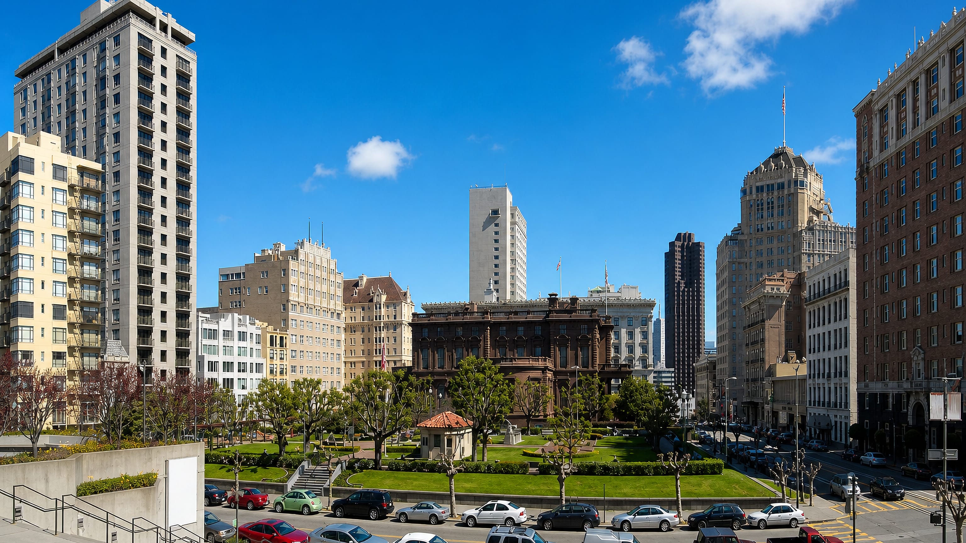 Huntington Park on Nob Hill, San Francisco, framed by the Flood Mansion and surrounding apartment towers