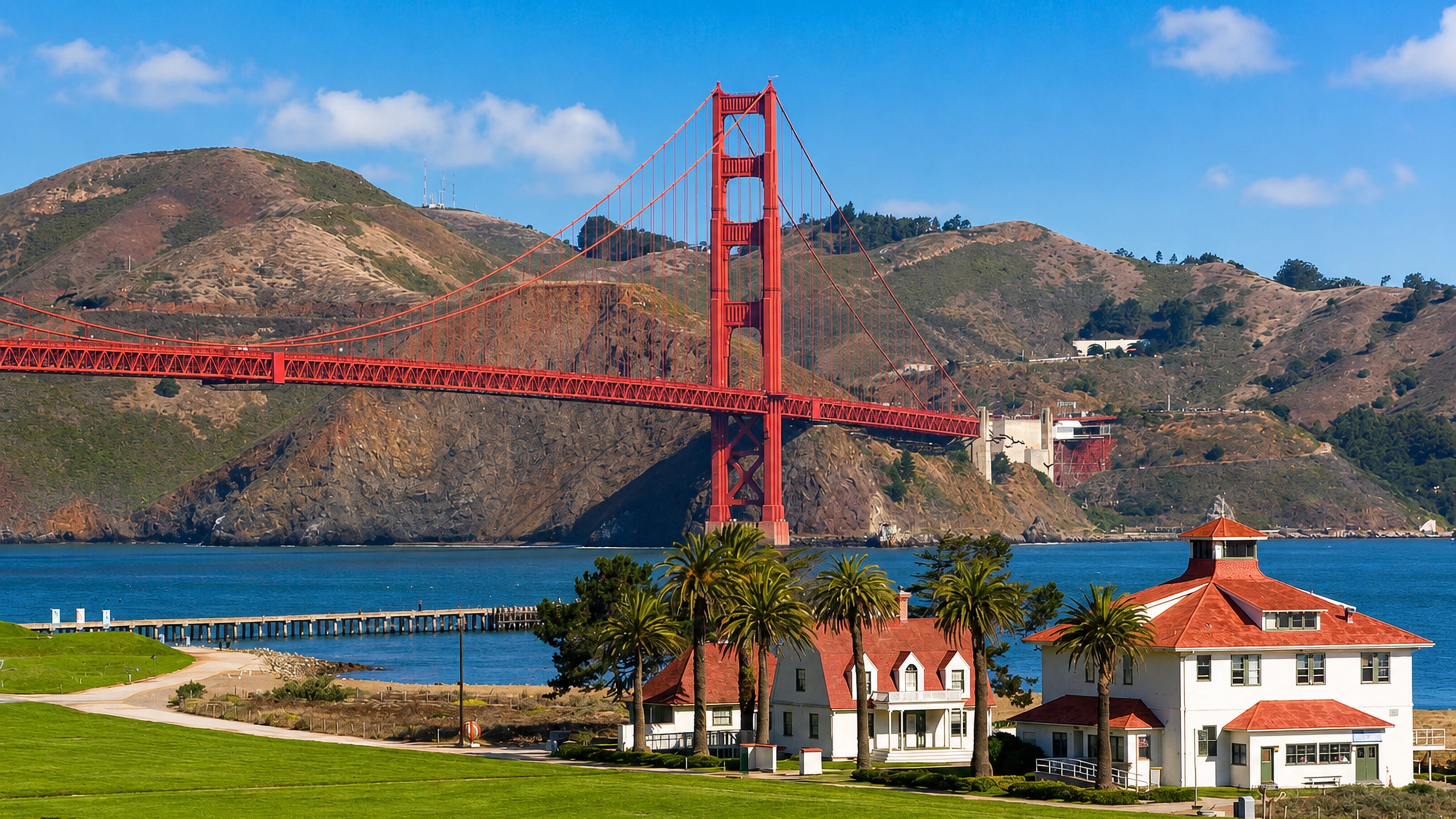 The Golden Gate Bridge and Marin Headlands beyond the Presidio of San Francisco's white Crissy Field buildings and lawn.