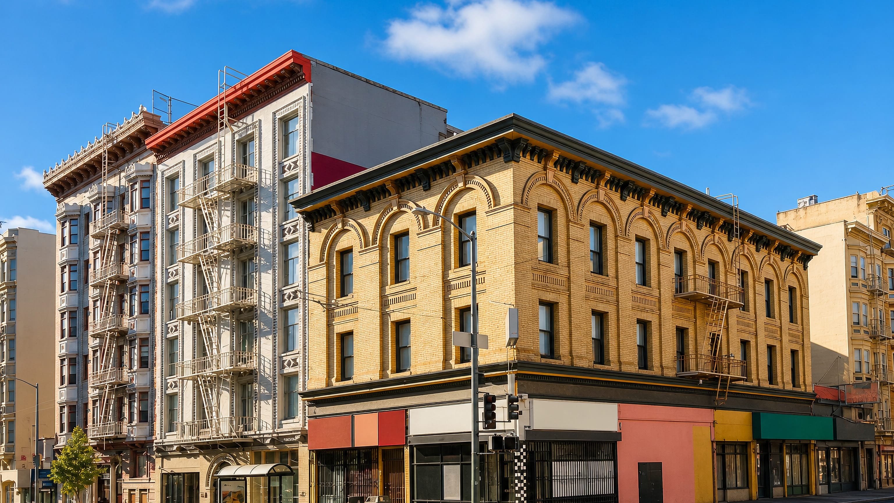 Edwardian brick corner buildings with fire escapes on a quiet street corner in San Francisco's Tenderloin.