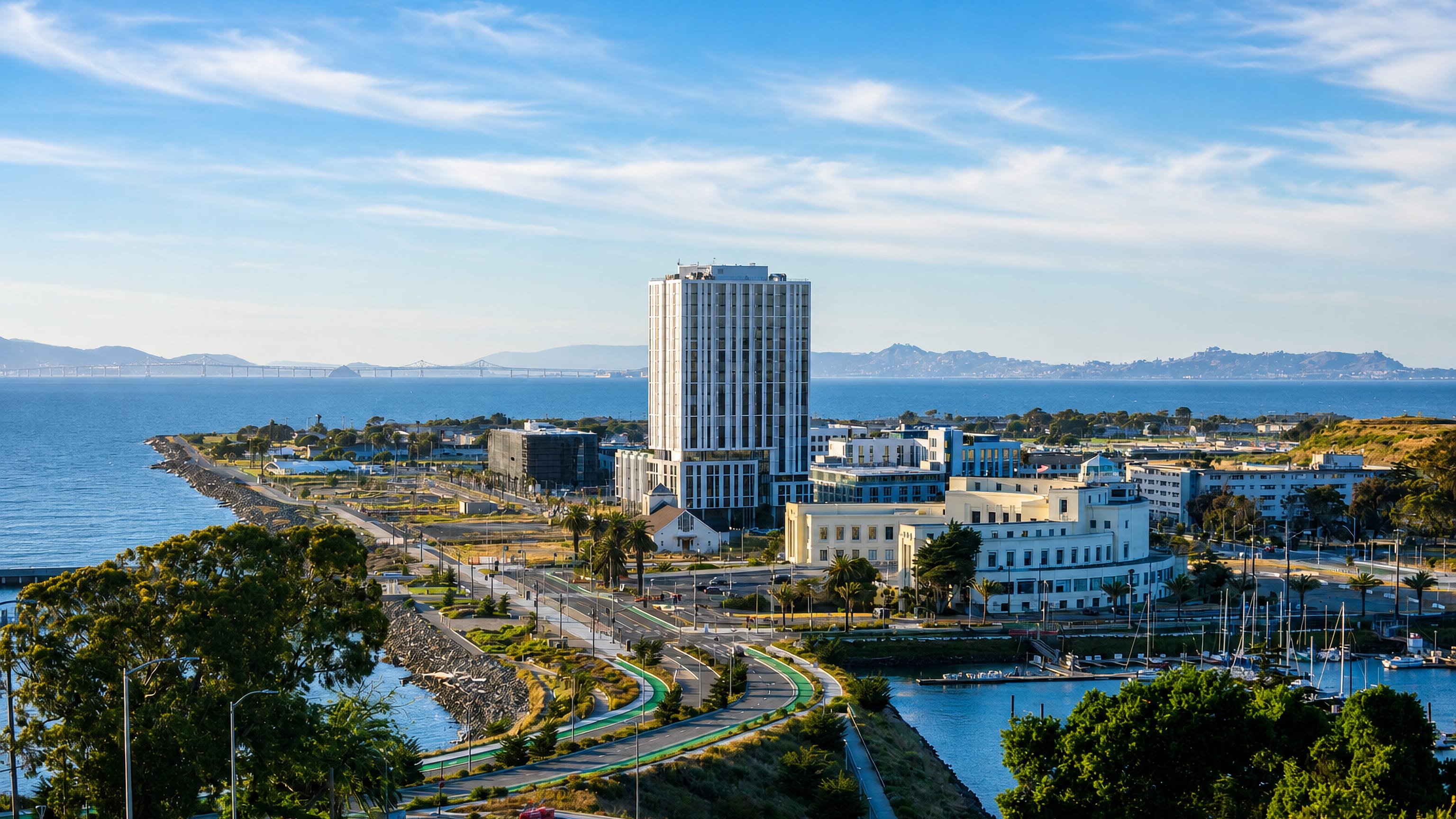 Treasure Island's Art Deco Building One, marina and new residential tower on San Francisco Bay.