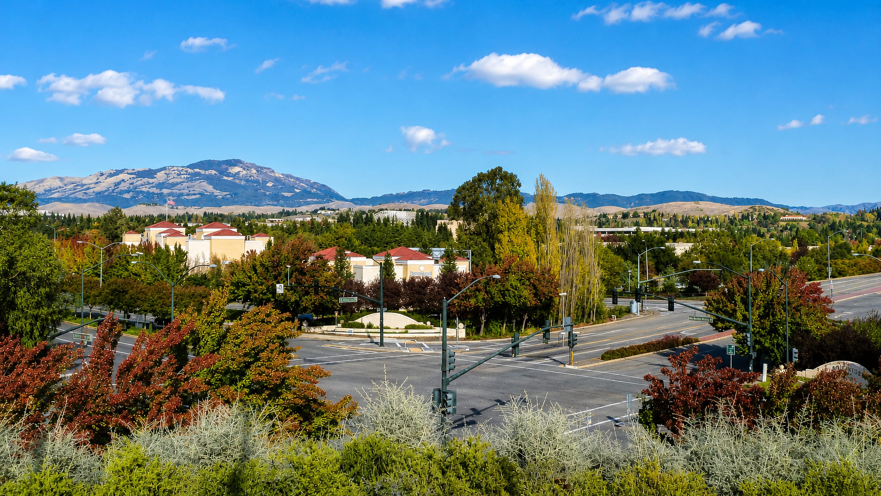 San Ramon's low-rise office parks and boulevards below the Mount Diablo range on a clear autumn day.