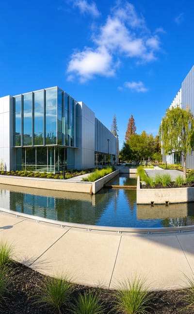 Modern glass office buildings and a reflecting pool at a Santa Clara, California tech campus