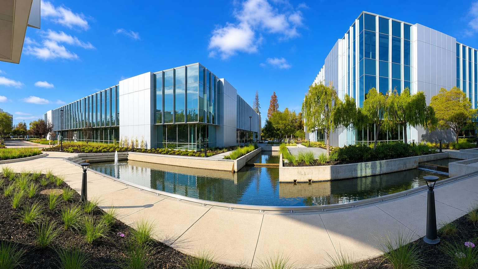 Modern glass office buildings and a reflecting pool at a Santa Clara, California tech campus
