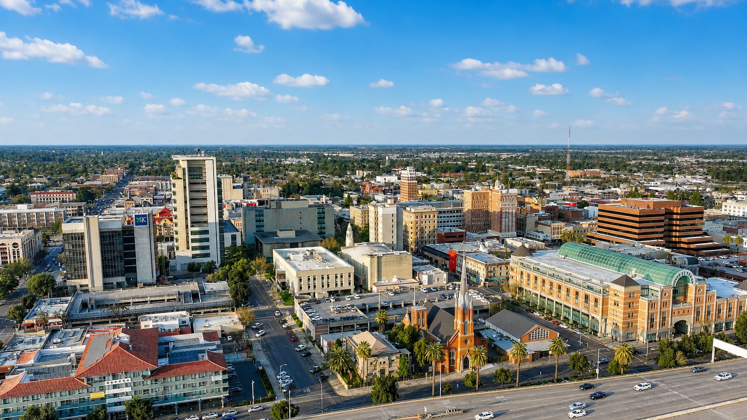 Aerial view of downtown Stockton, California with mid-rise buildings, a twin-spired church and freeway