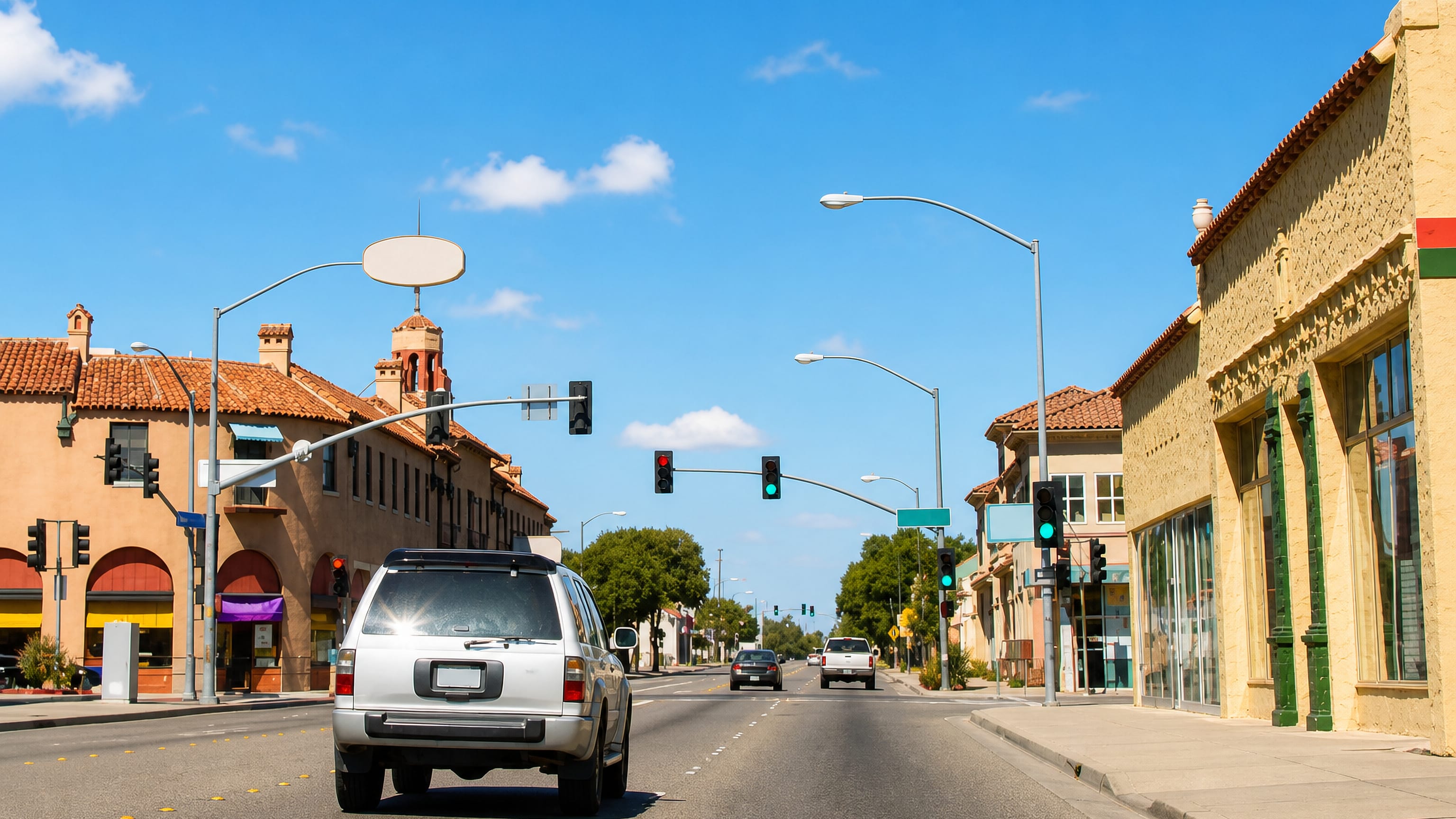 Mission-style storefronts and traffic signals along a wide downtown street in Tracy, California.