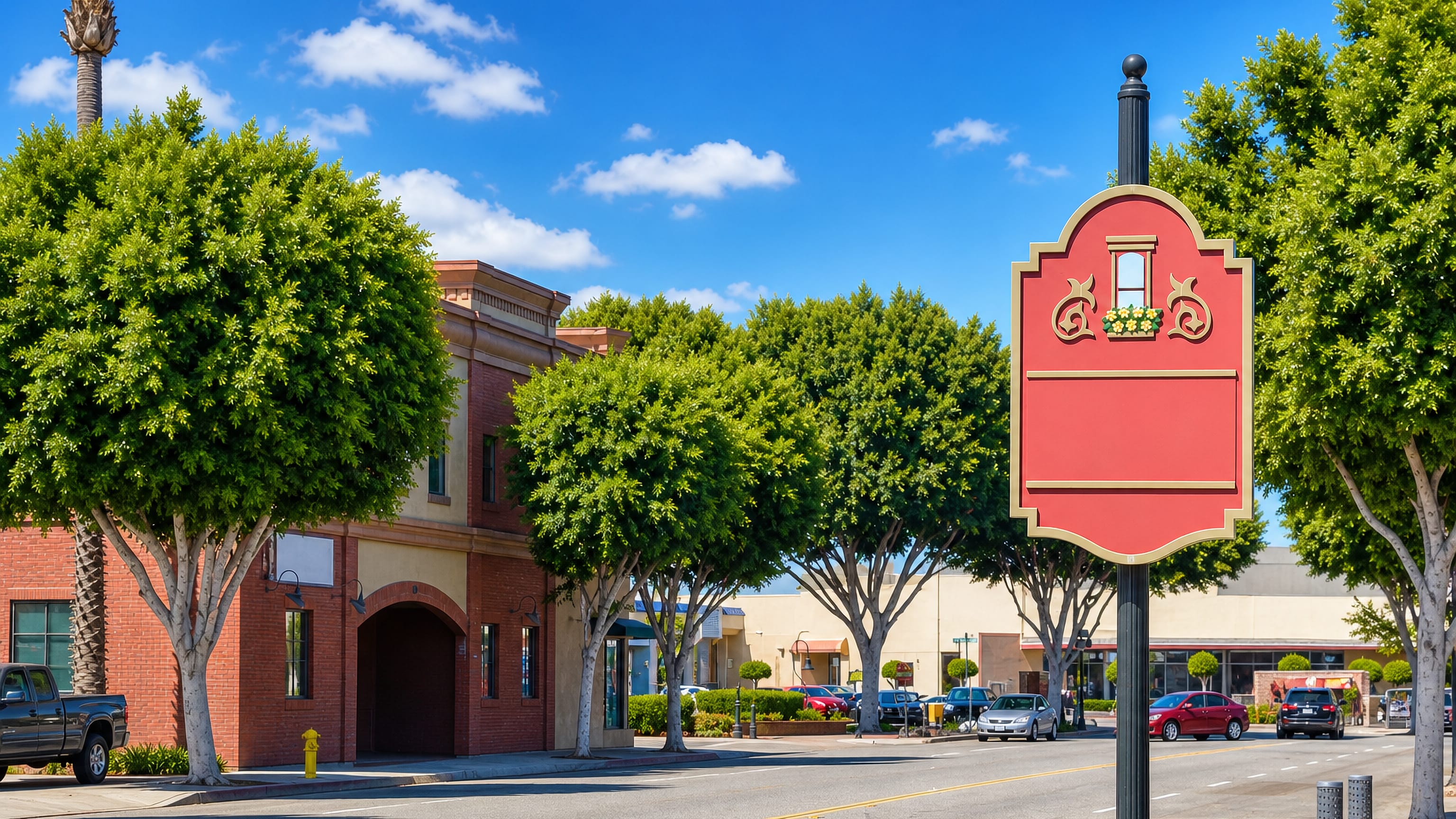 Brick storefronts and shade trees along a street in Old Town Tustin, California
