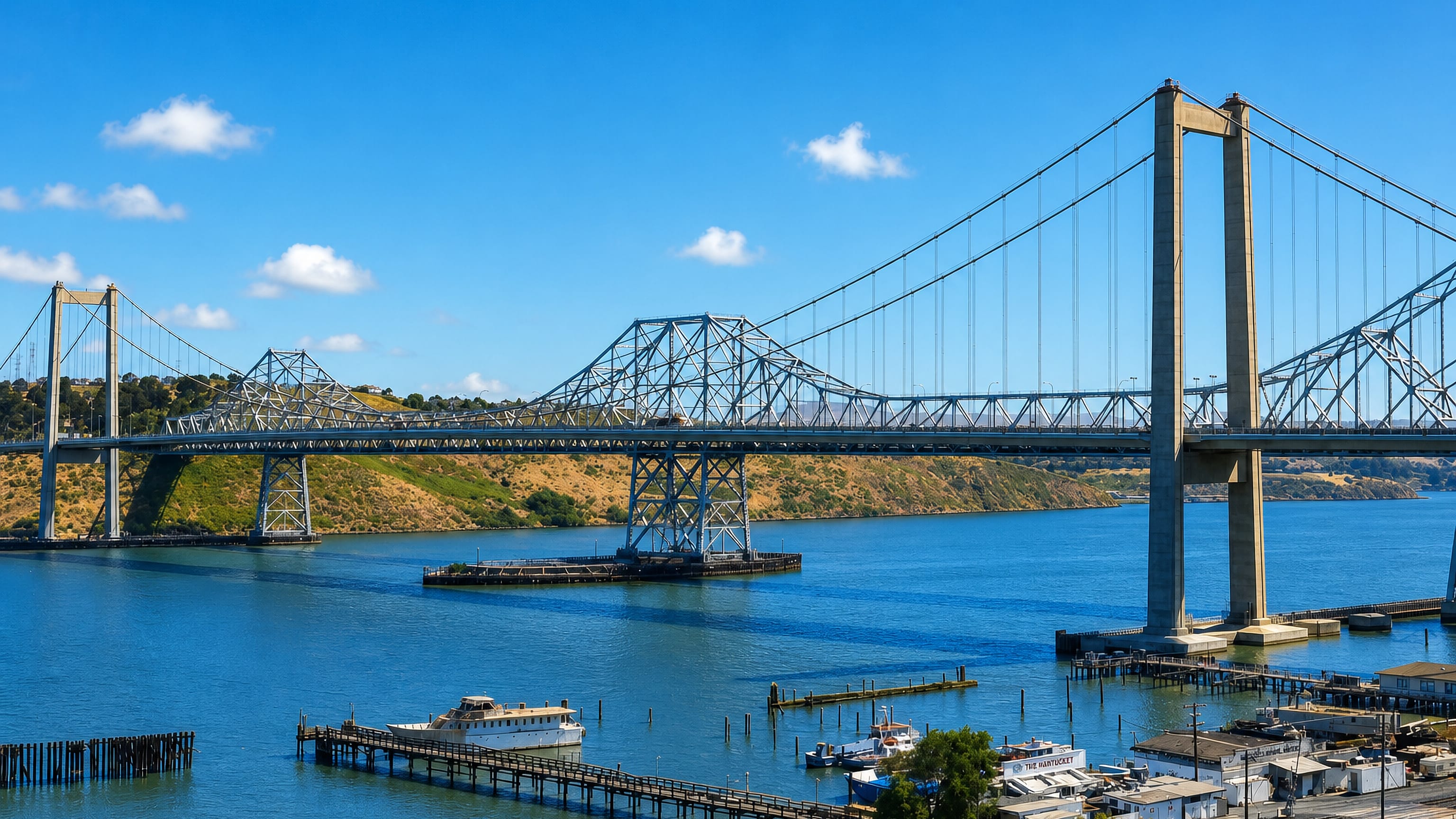 The Carquinez Bridge spanning the strait above waterfront piers and golden hills at Vallejo, California.