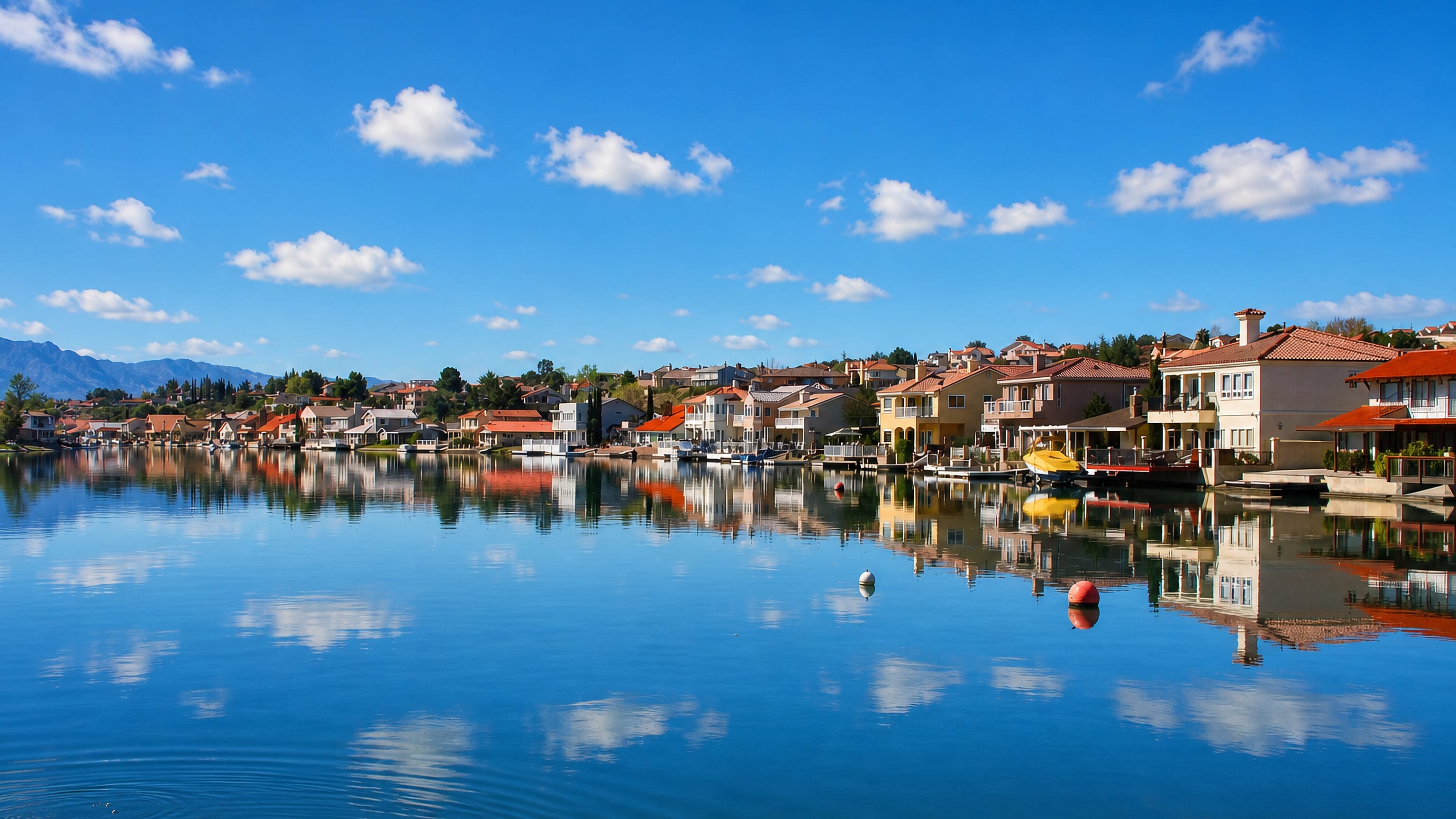 Waterfront homes and moored boats reflected in the calm lake at Victorville, California.
