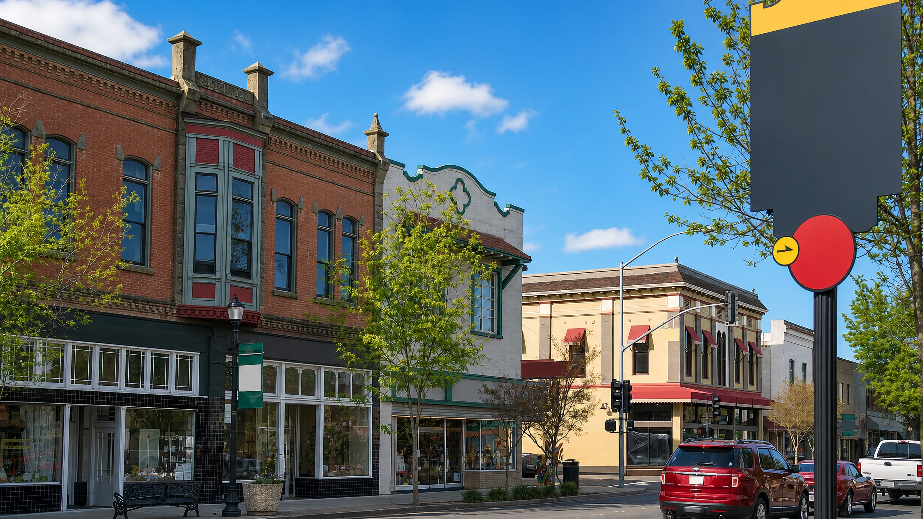 Historic brick and stucco storefronts with awnings along Main Street in downtown Woodland, California