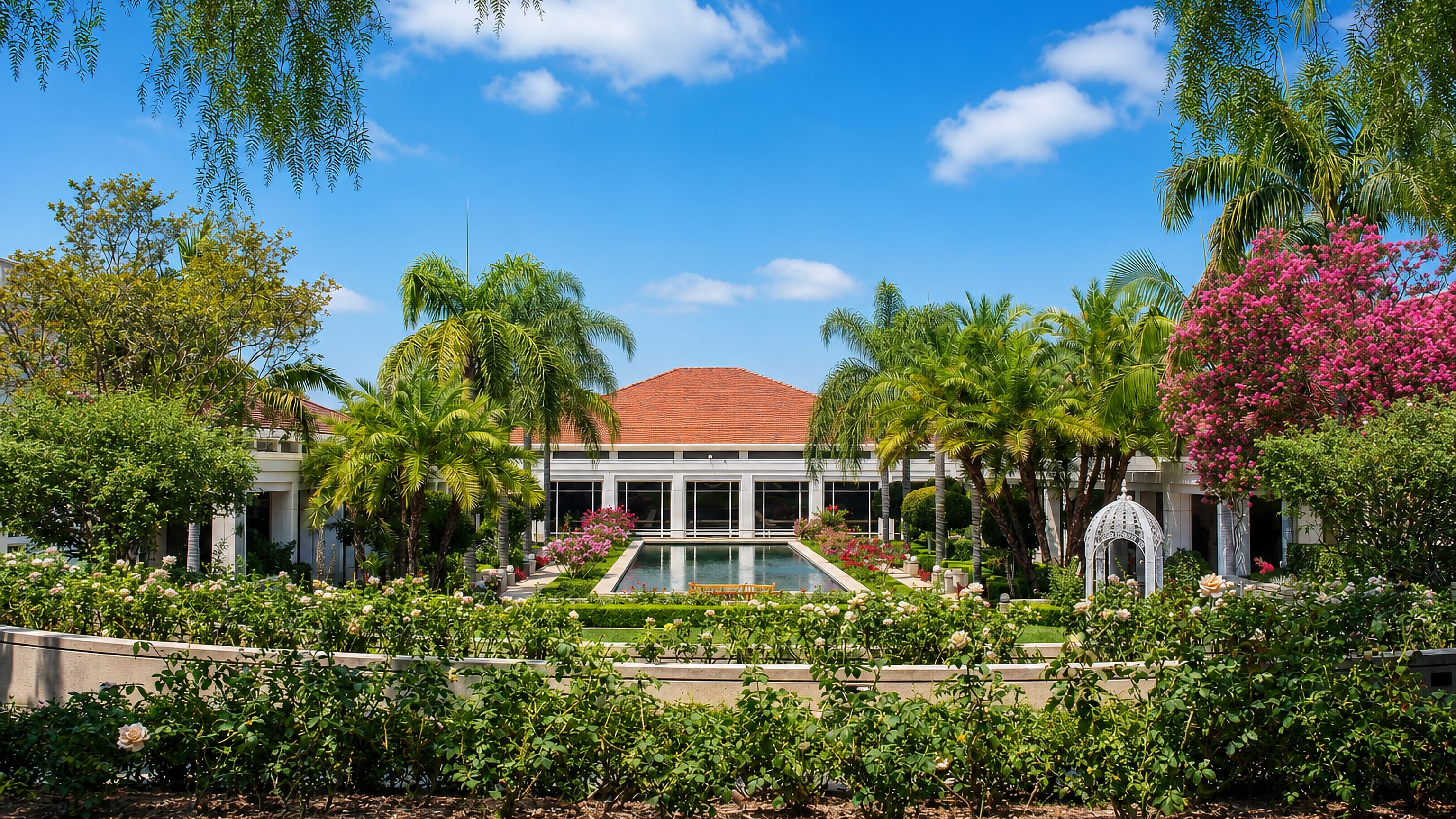 Rose gardens and reflecting pool at the presidential library grounds in Yorba Linda, California.