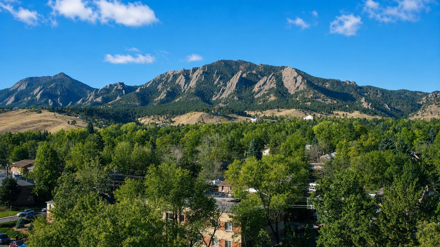 The Flatirons rock formations rising above green treetops and homes in Boulder, Colorado, on a clear day.