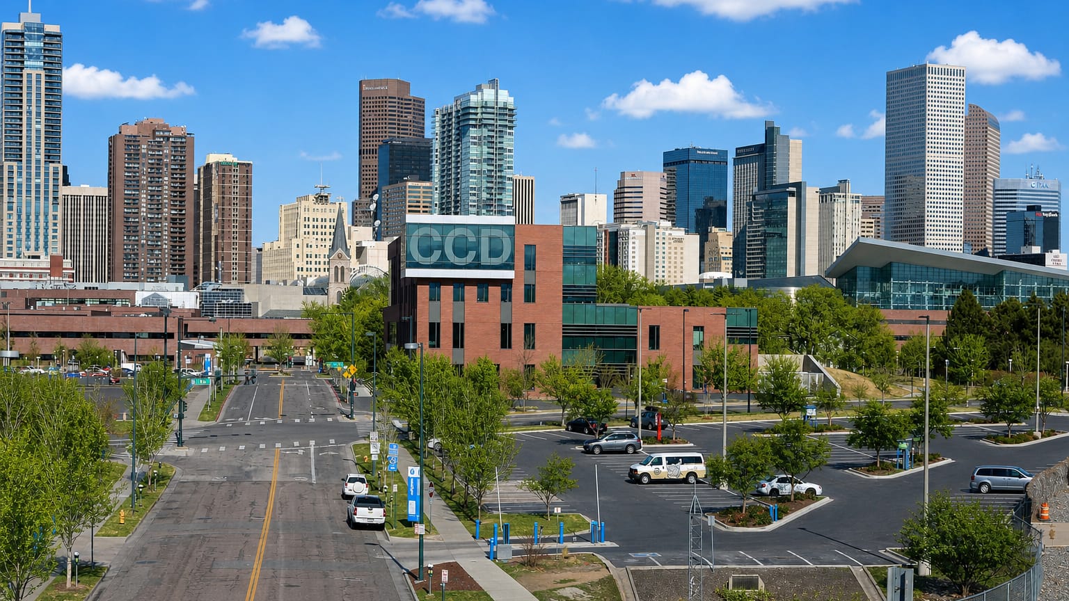 Downtown Denver skyline rising behind the red-brick Community College of Denver campus in the Auraria neighborhood.