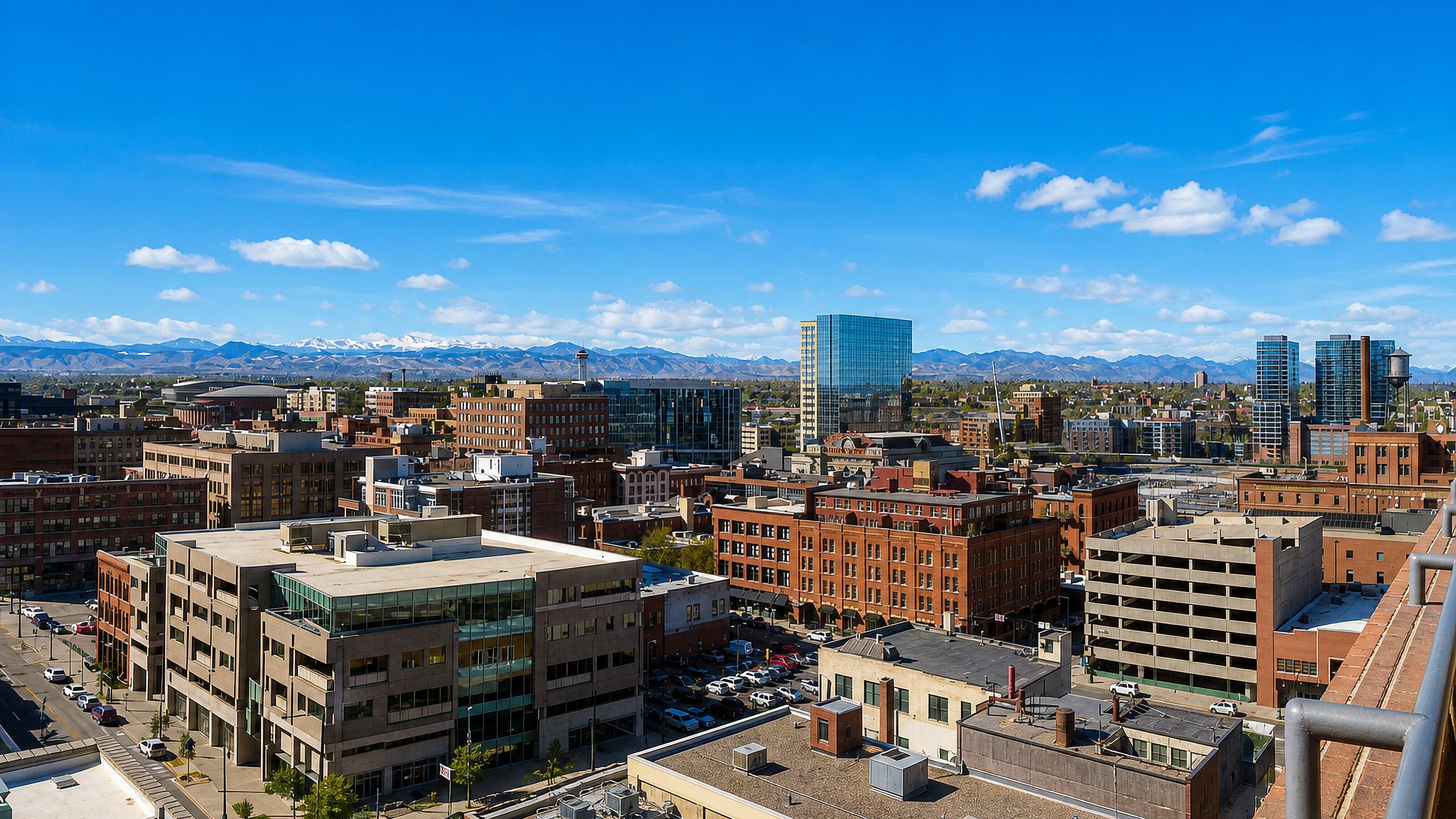 LoDo, Denver: red-brick warehouse blocks and glass towers below the snow-capped Front Range.