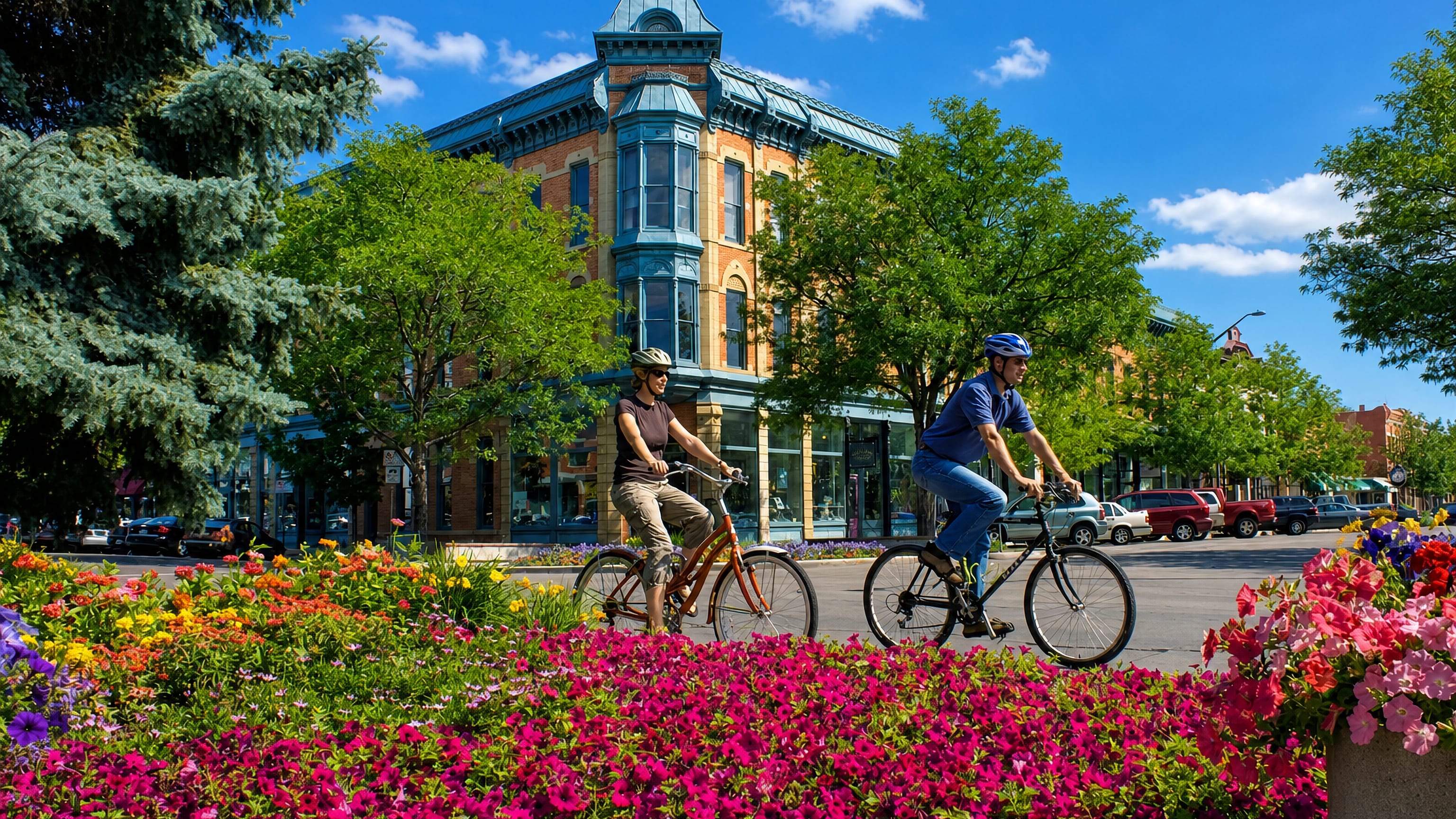 Cyclists pass a turreted historic corner block and flower beds in Old Town Fort Collins, Colorado.