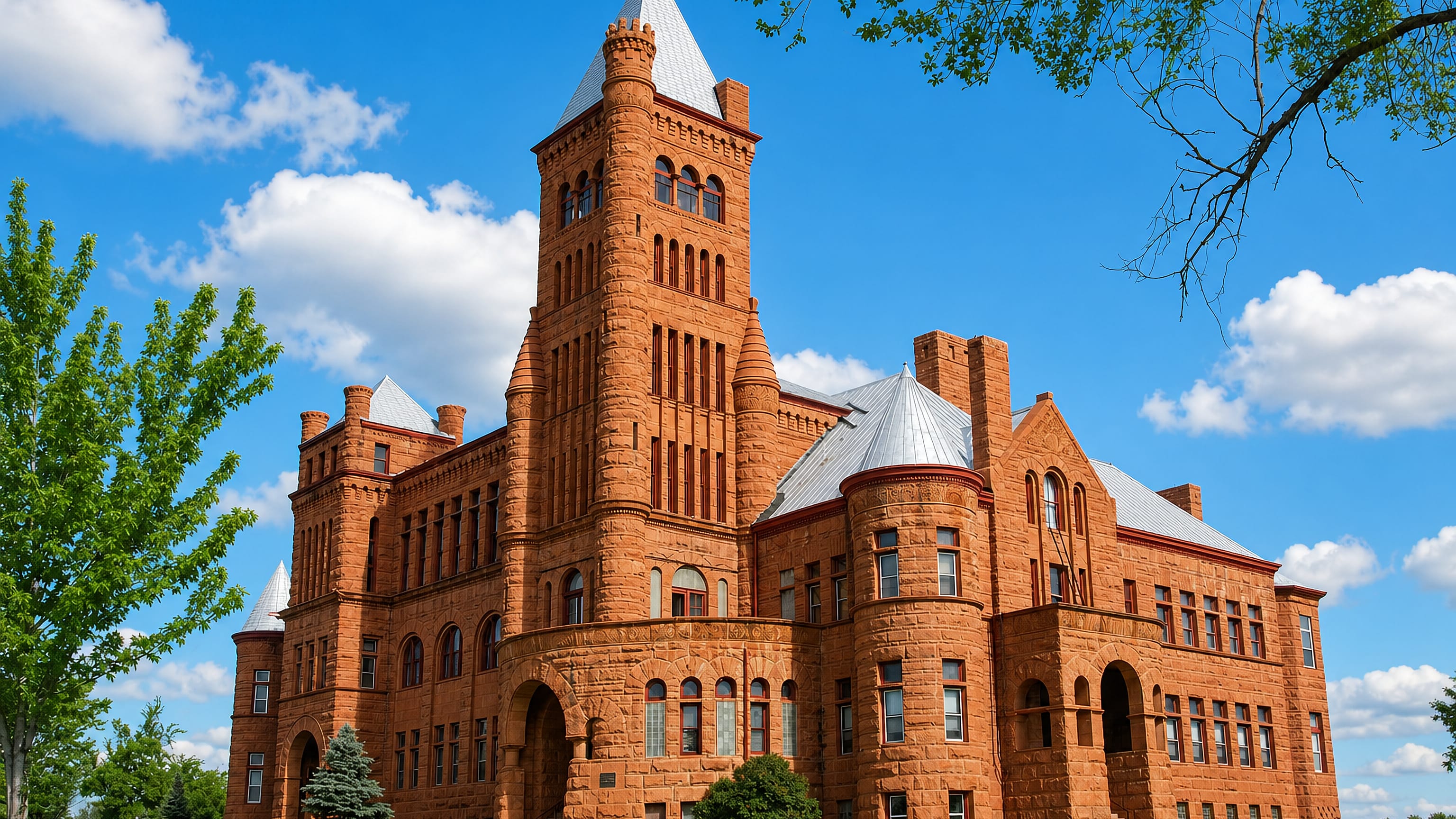 Westminster Castle in Westminster, Colorado, a red sandstone Romanesque landmark on a green lawn