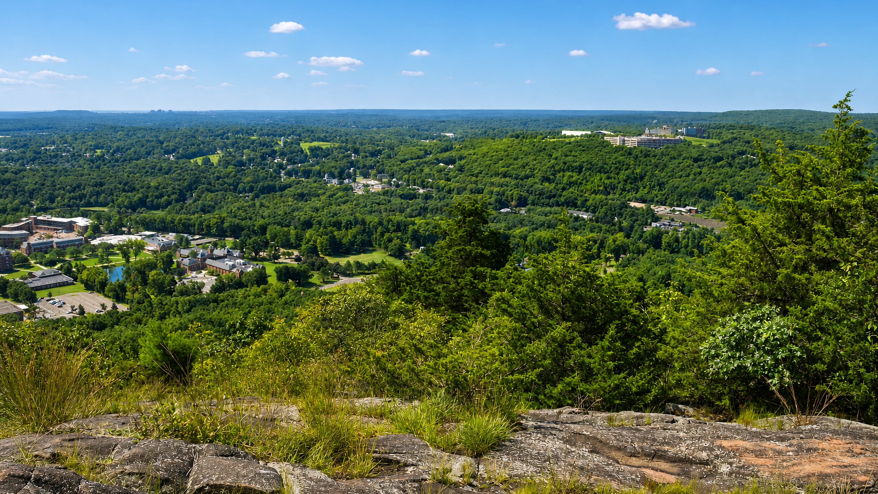 Wooded hills and a college campus seen from a rocky traprock ridge above Hamden, Connecticut.