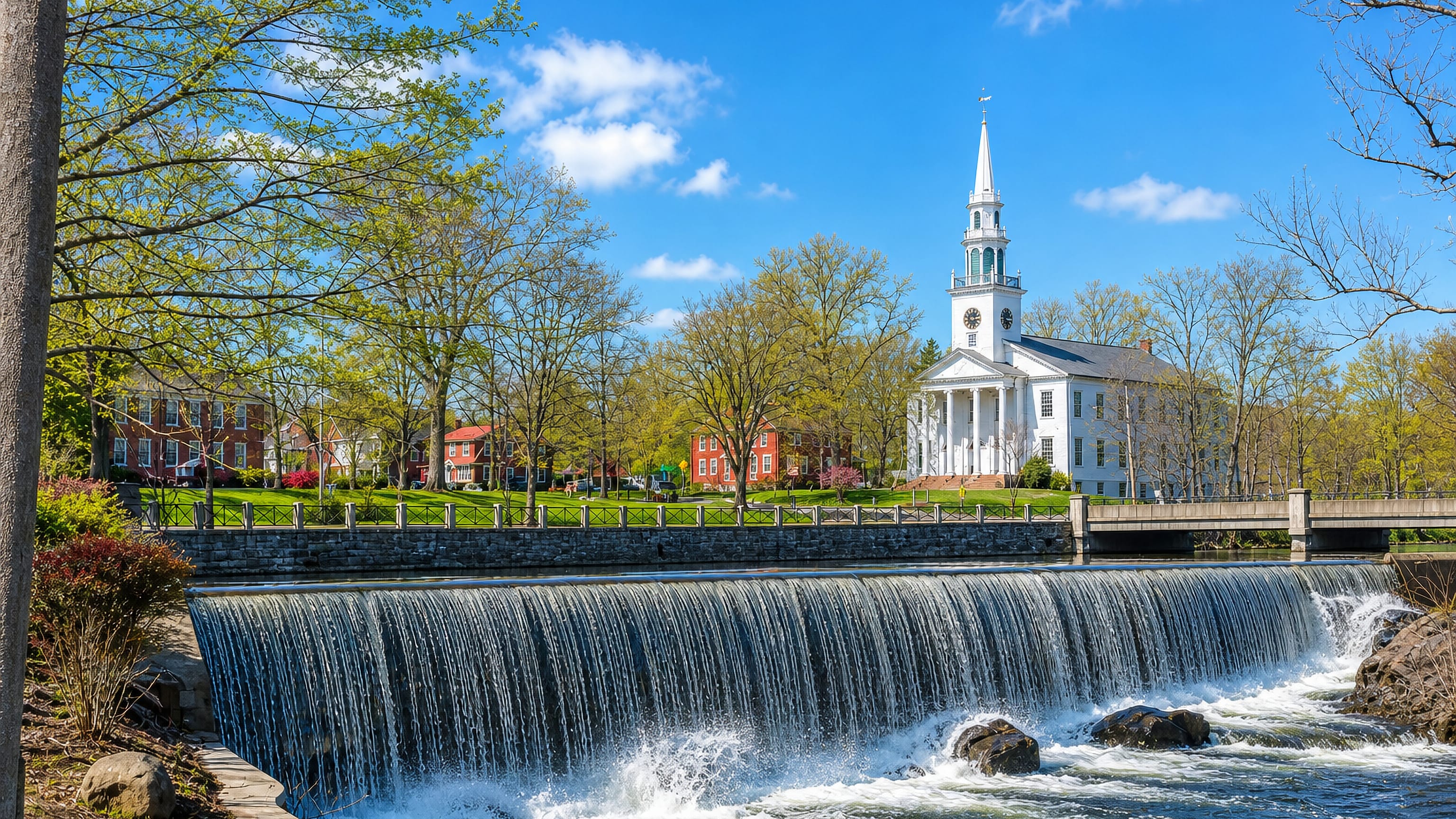 The Wepawaug River dam below Milford Green in Milford, Connecticut, with the white church steeple behind
