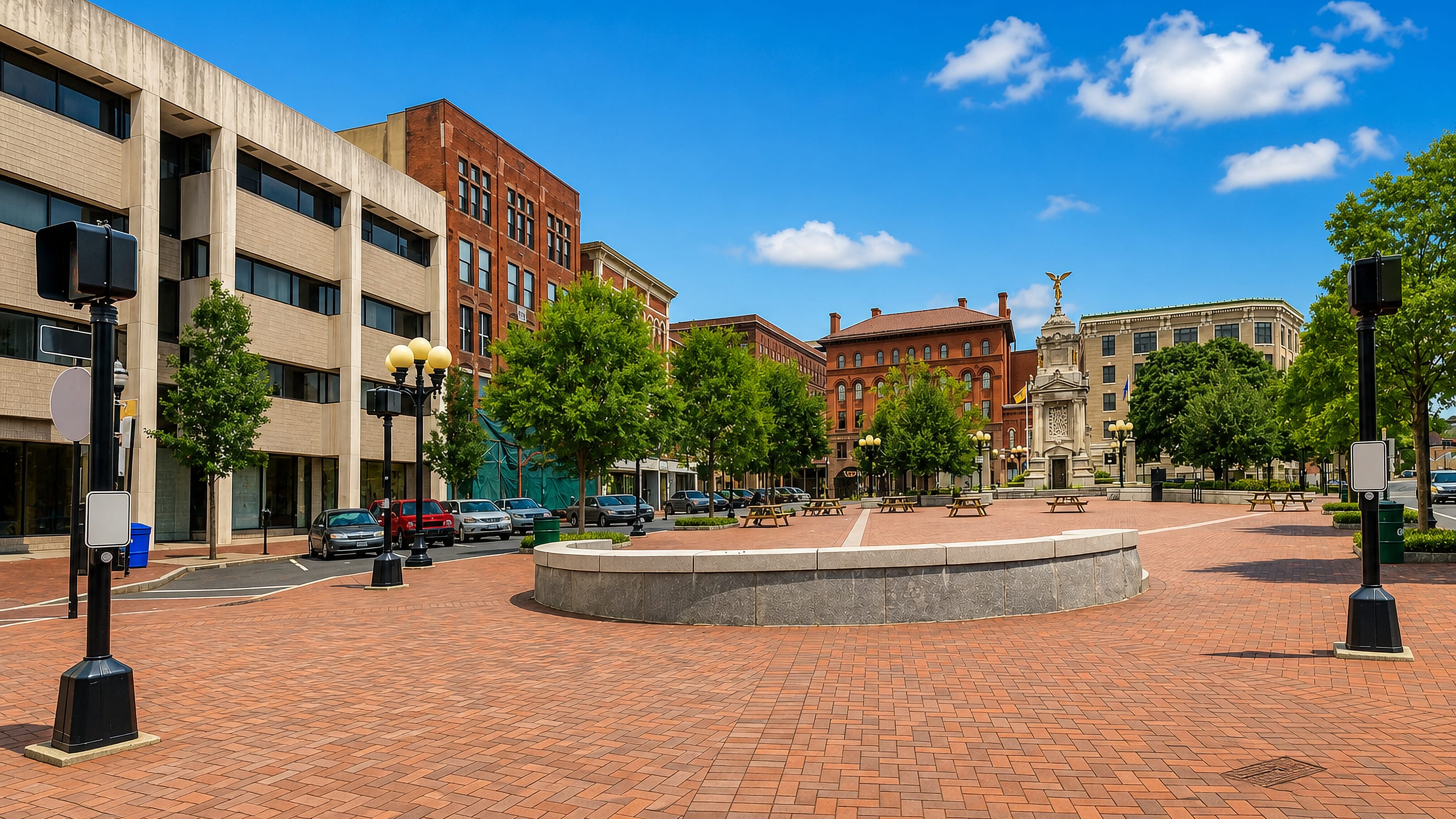 New Britain's brick downtown plaza in Connecticut, with its winged soldiers' monument and red-brick blocks.