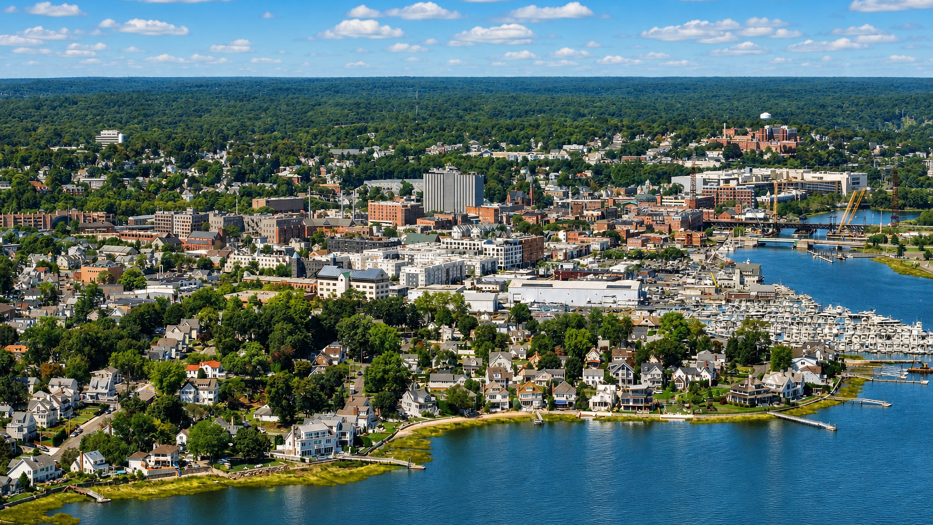 Aerial of Norwalk, Connecticut, its downtown, harbour marinas and river bridge on Long Island Sound.