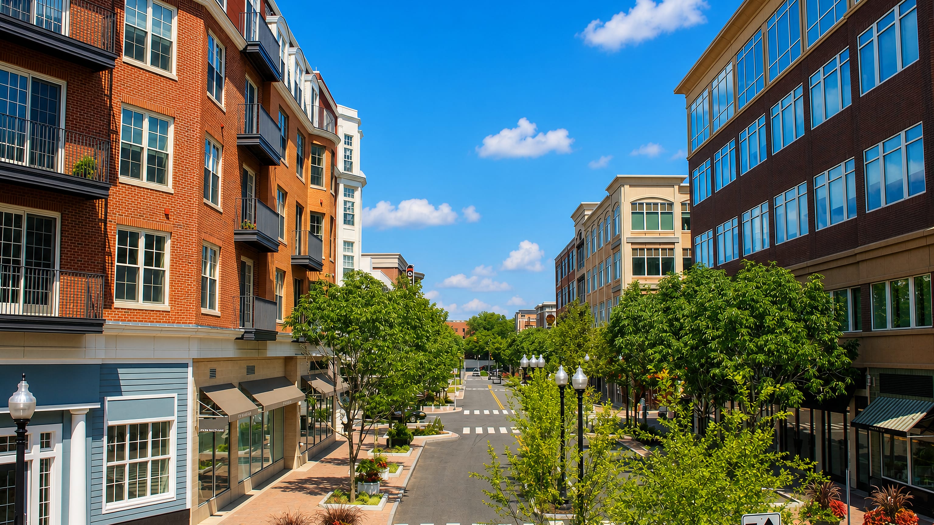 Brick apartment and shop buildings line a tree-planted town-centre street in West Hartford, Connecticut.