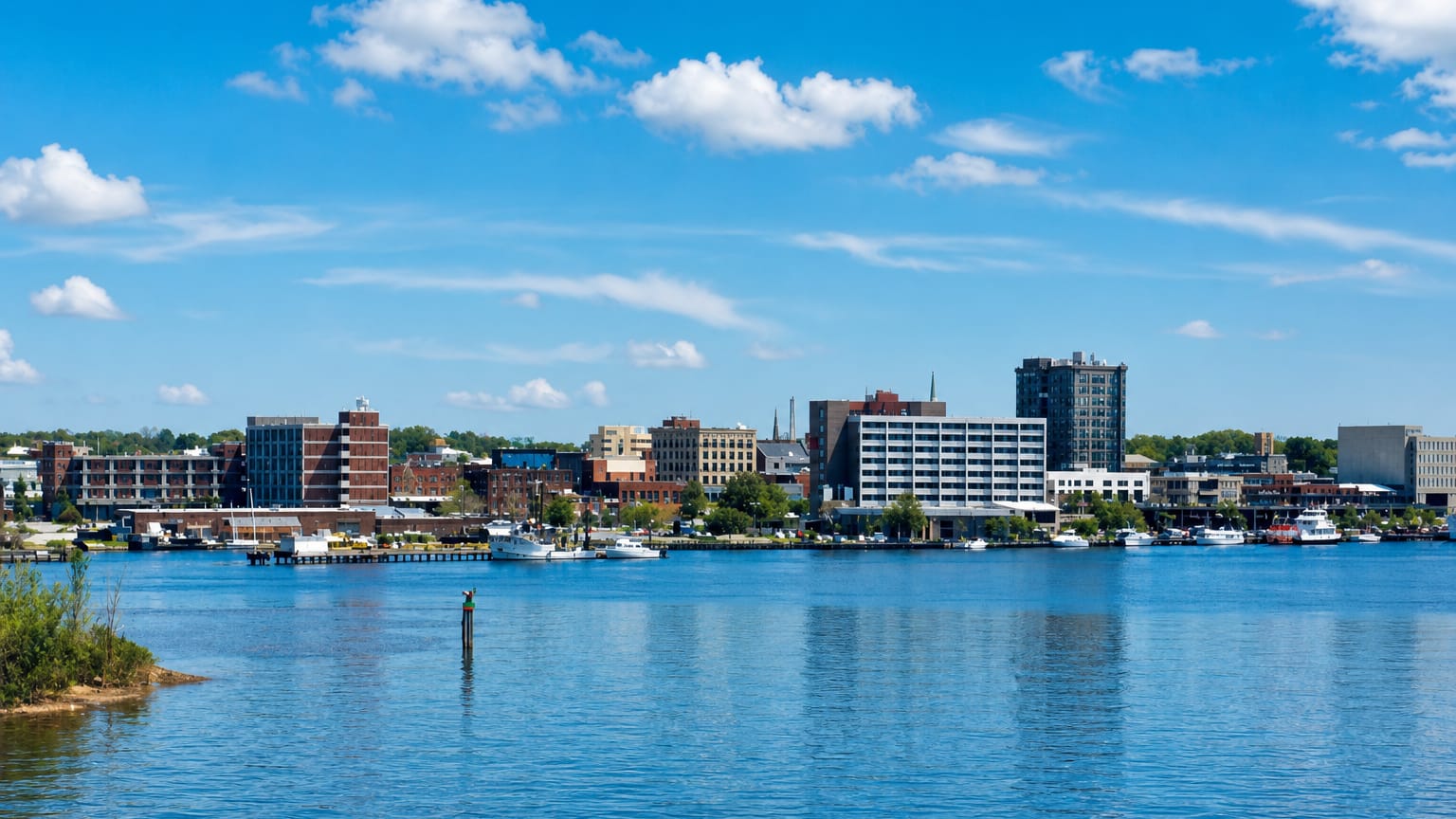 Waterfront skyline of Wilmington, Delaware, with mid-rise buildings and a marina along the river.