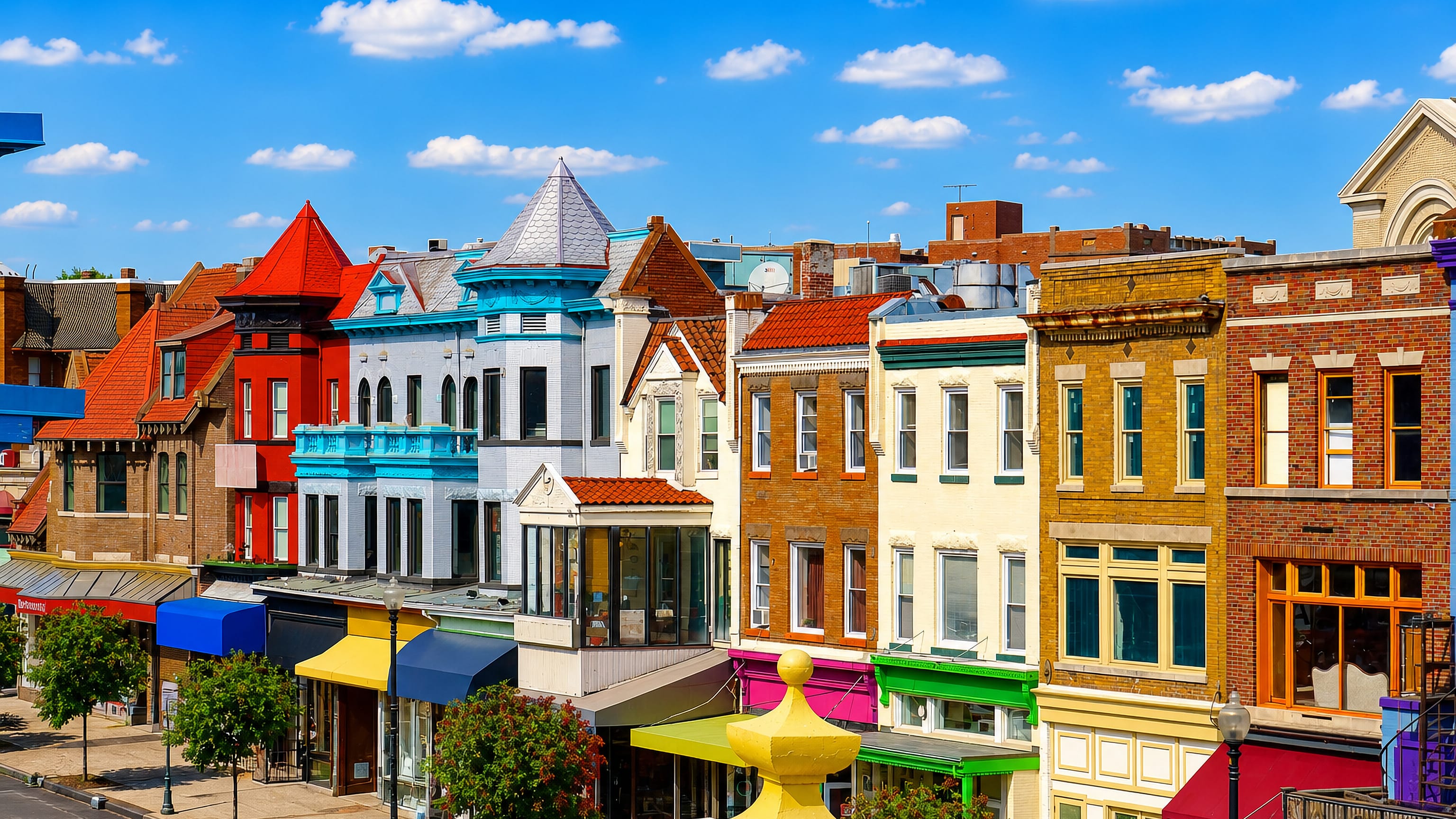 Brightly painted rowhouse storefronts along the 18th Street strip in Adams Morgan, Washington DC.