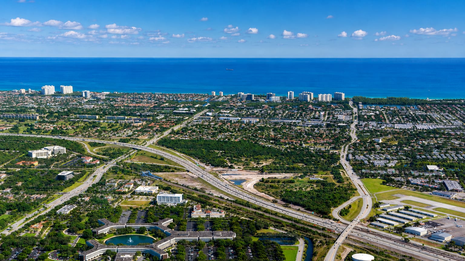 Aerial view of Boca Raton, Florida, with office parks and suburbs stretching to the Atlantic coast.