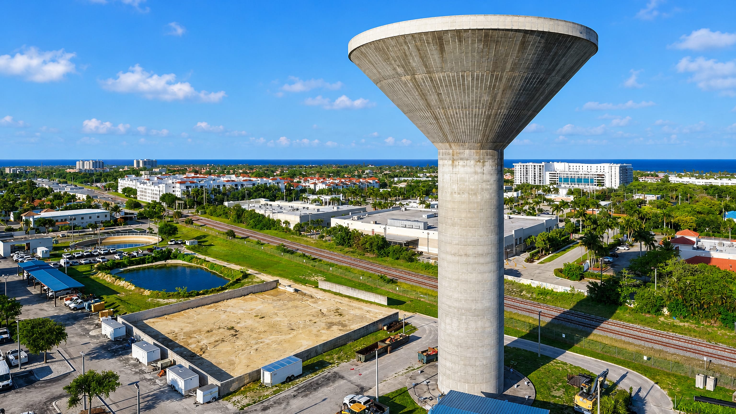 A concrete water tower rises over low-rise Boynton Beach, Florida, with the Atlantic on the horizon.
