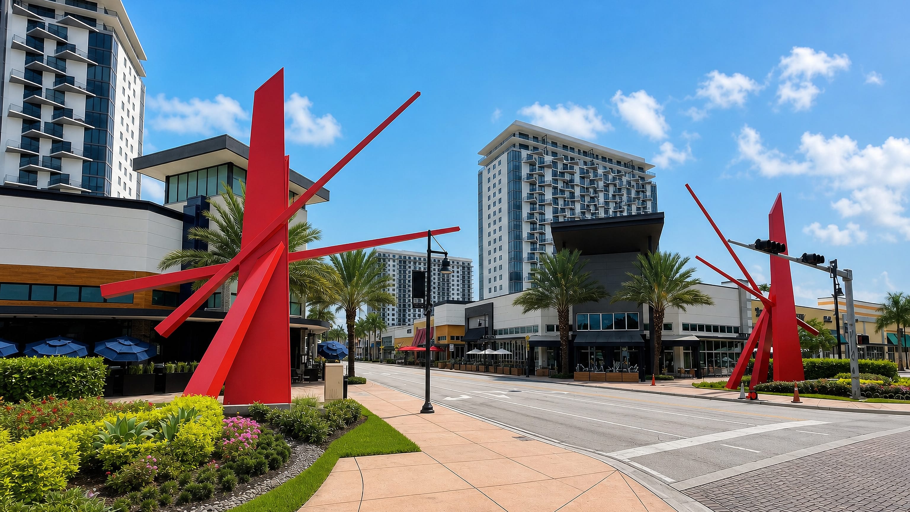 Red steel sculptures along a palm-lined street of shops and towers in Downtown Doral, Florida.