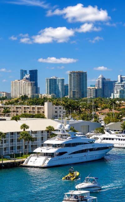 Luxury yachts on a palm-lined waterway with the downtown Fort Lauderdale skyline rising beyond.