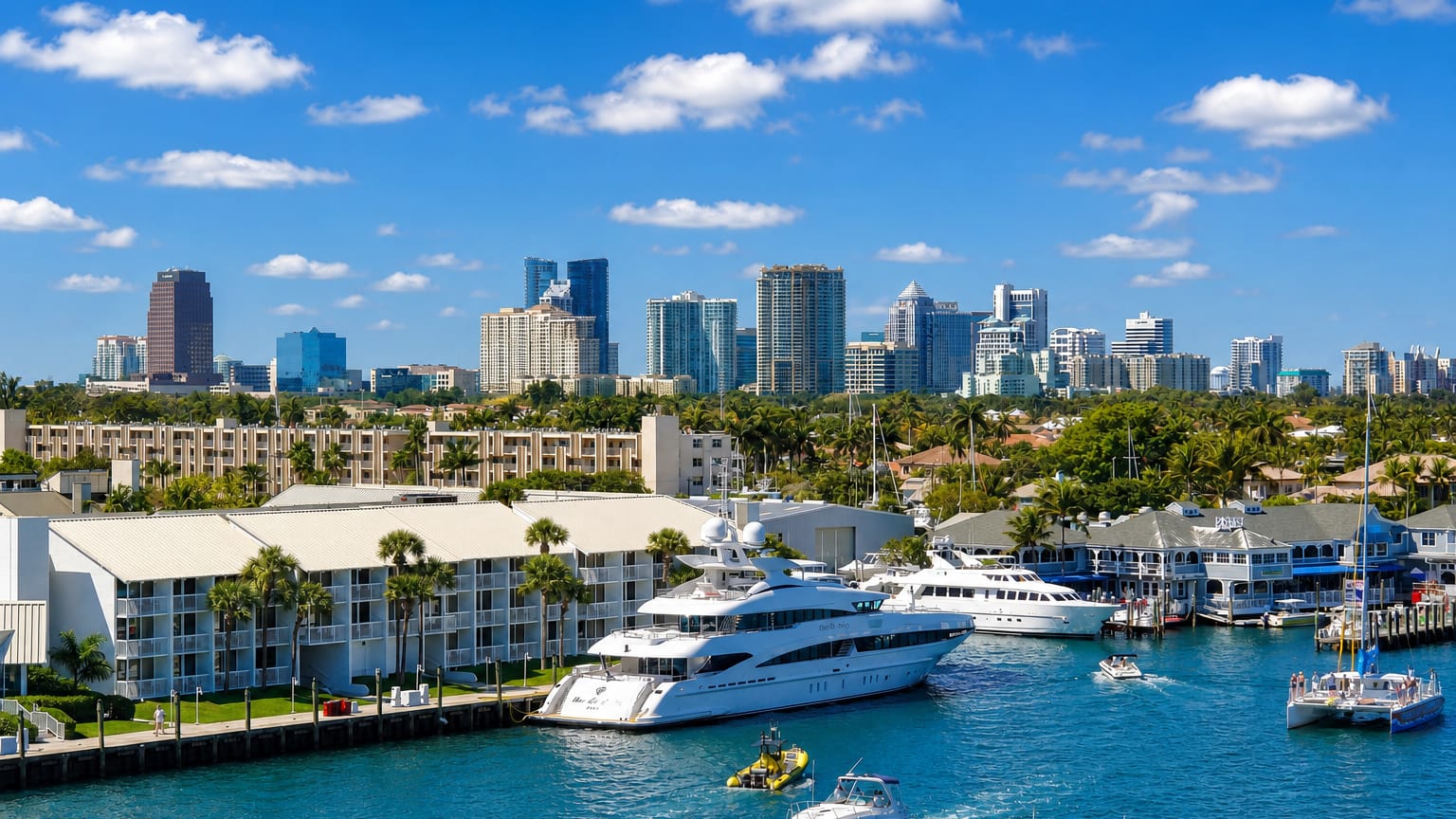 Luxury yachts on a palm-lined waterway with the downtown Fort Lauderdale skyline rising beyond.
